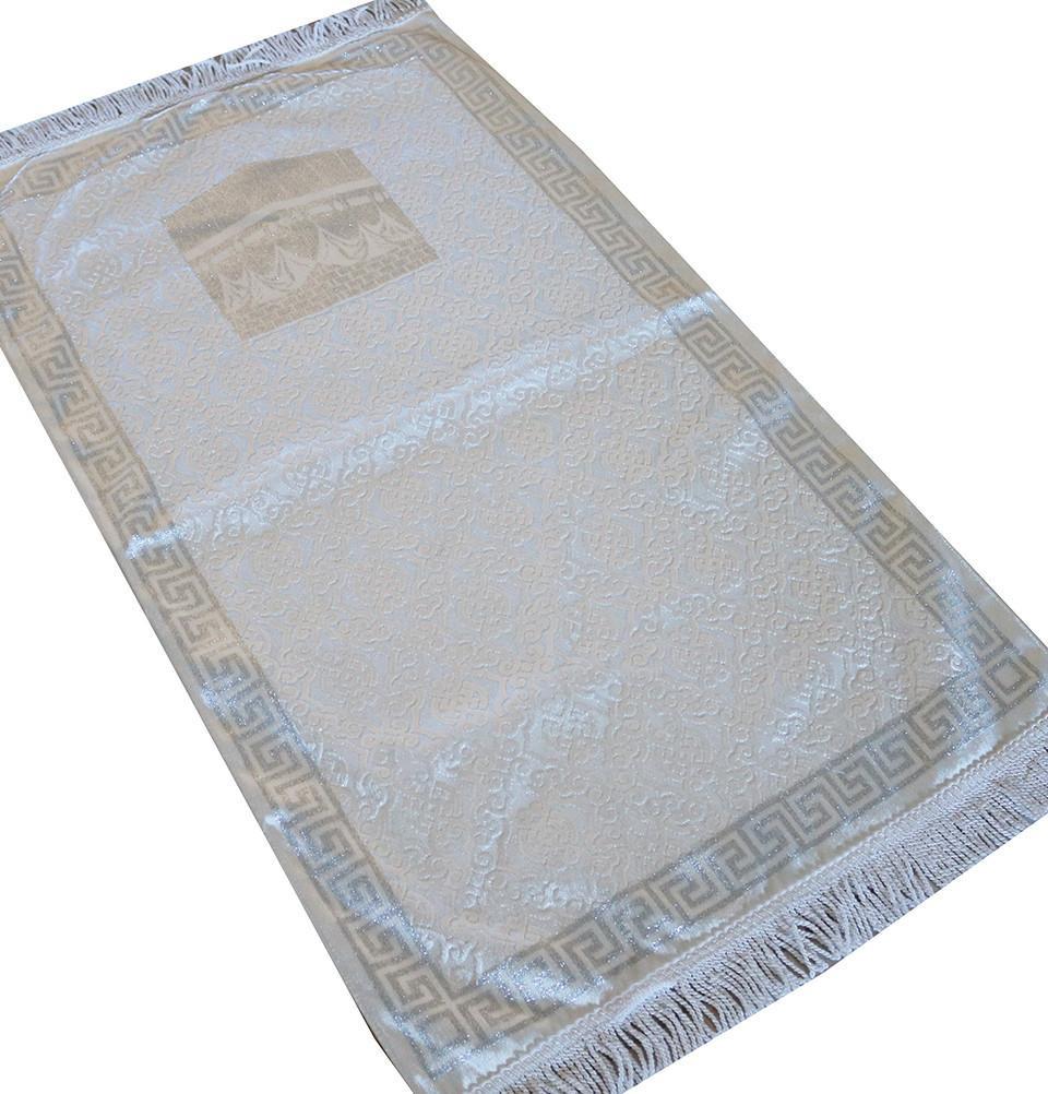 Premium Thin Velvet Islamic Prayer Rug with Kaba Design - White & Silver Embroidered - Portable Prayer Mat for Home, Mosque & Travel - Eid Gift Set with Elegant Box