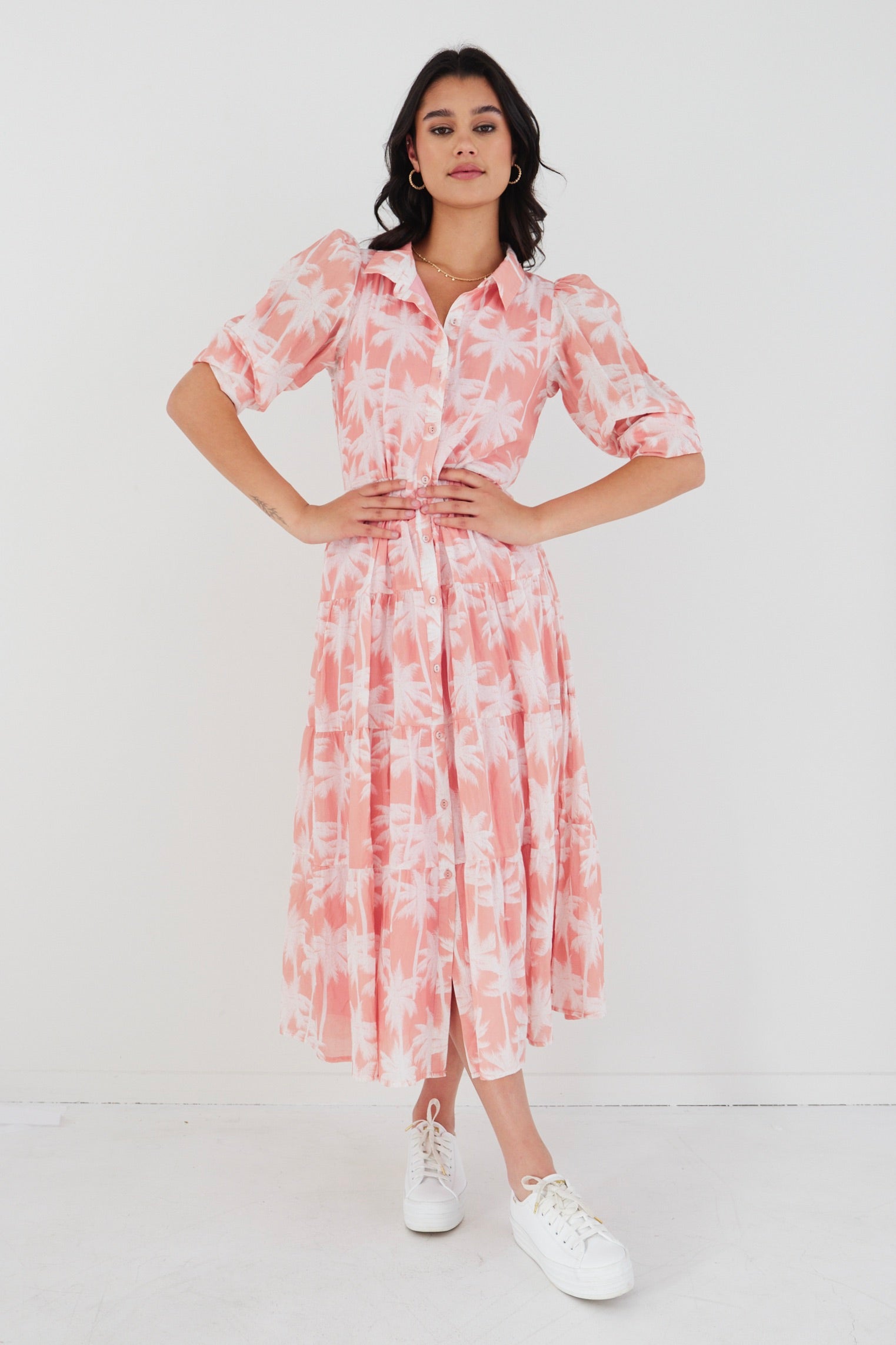 Adair Blush Palms Tiered Shirt Style Maxi Dress for Women - Flowy Summer Beach Dress, Boho Chic Wedding Guest Outfit, Casual Party Wear
