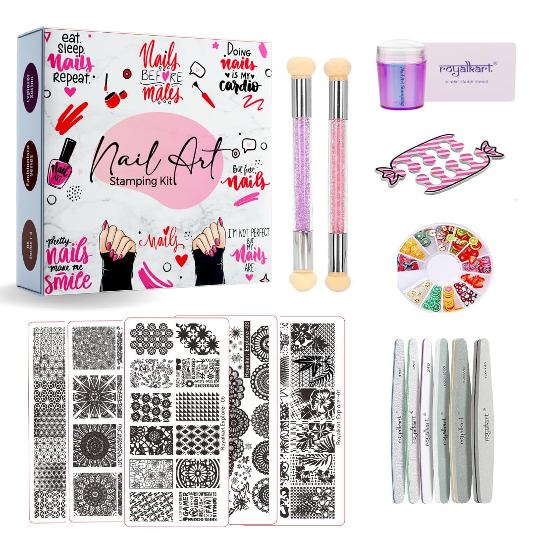 RoyalKart Professional Nail Art Kit for Women - 5 Stamping Plates, 6 Nail Buffers & Files, 2 Sponges, Stamper & Accessories | DIY Manicure & Pedicure Set for Home Salon, Party Nail Designs & Gift Ideas