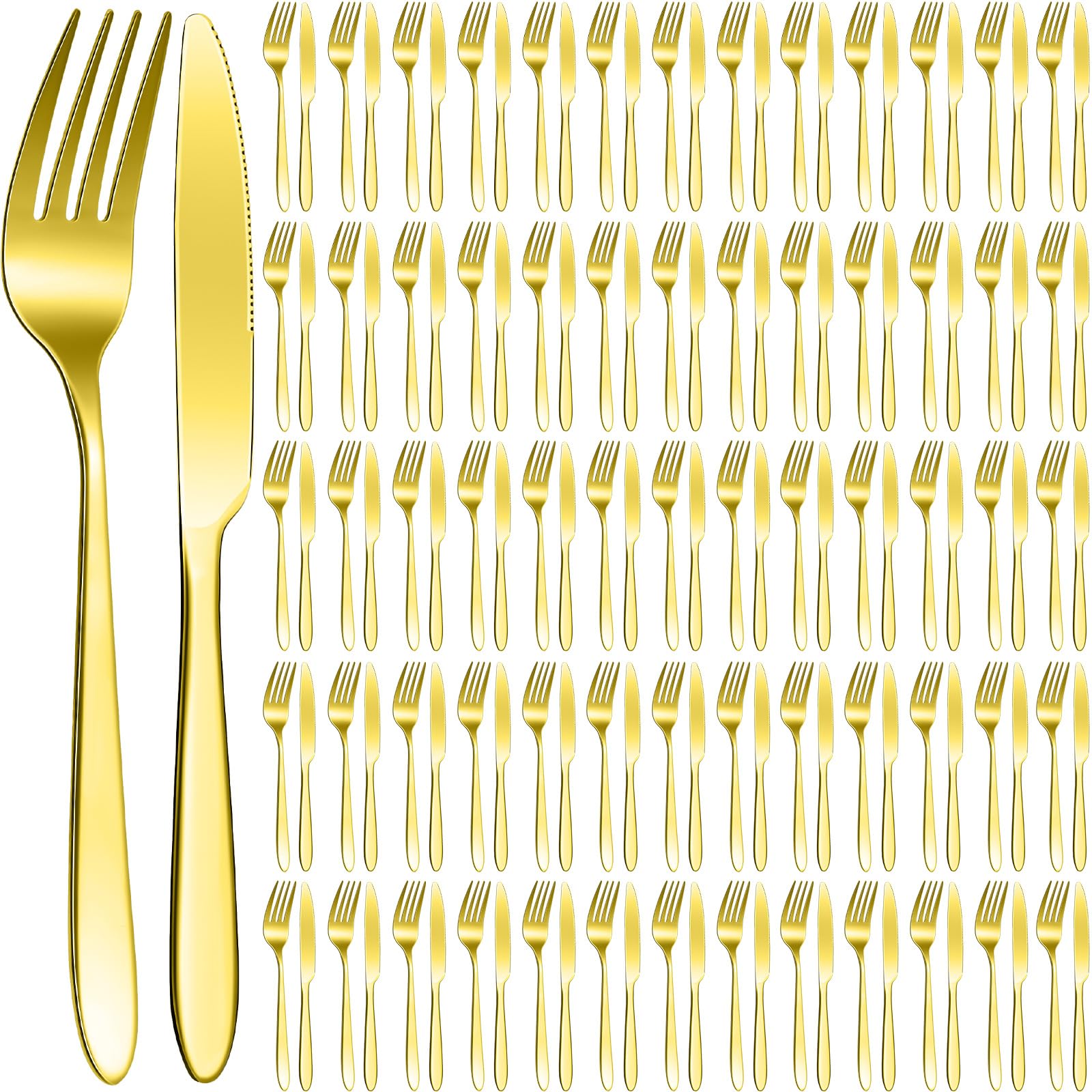 Premium 150-Piece Stainless Steel Flatware Set - 75 Steak Knives & 75 Dinner Forks - Mirror Polished Gold Cutlery for Home, Restaurant & Hotel Use - Dishwasher Safe - Perfect for Dinner Parties, Weddings & Catering Events