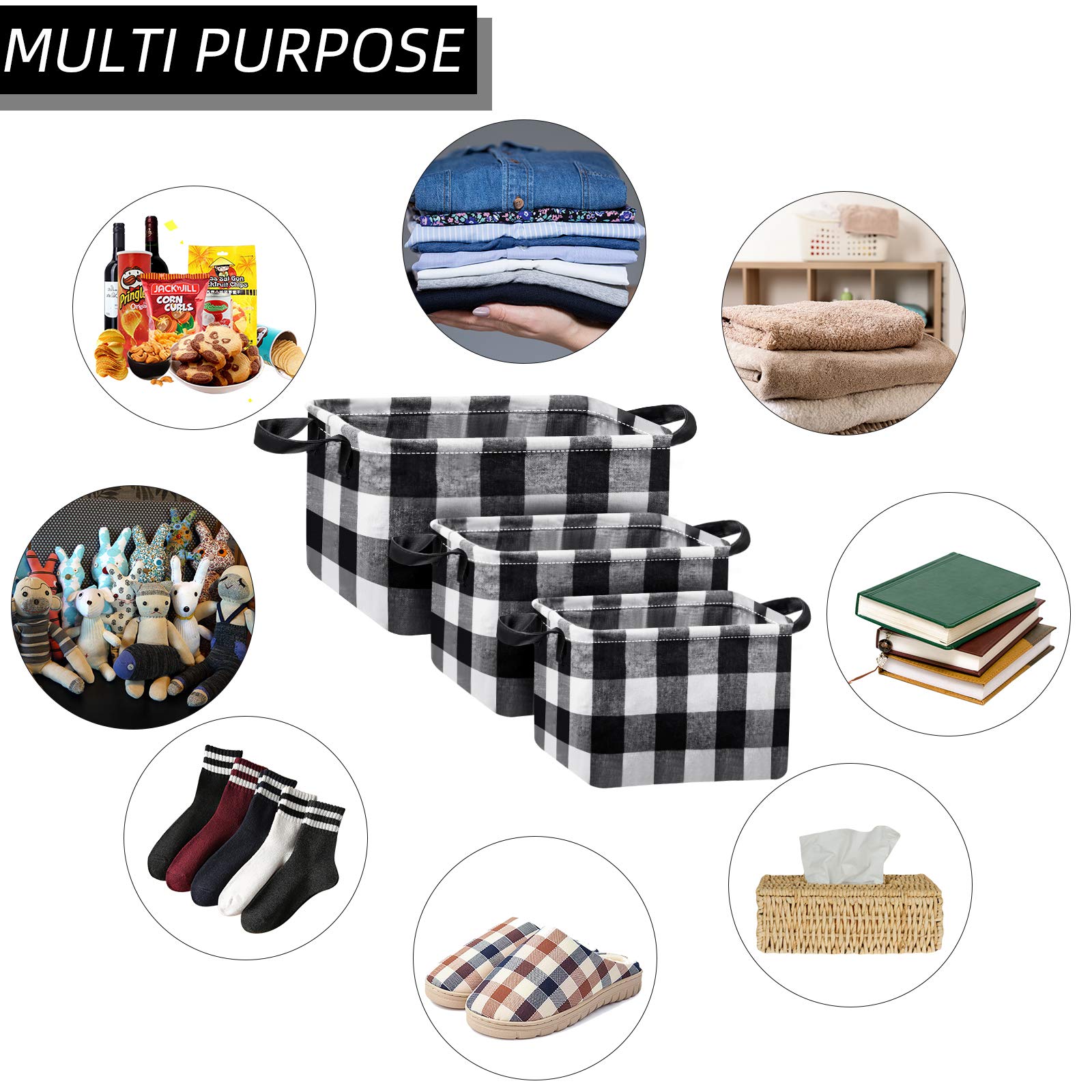 6-Piece Buffalo Plaid Storage Baskets Set - Collapsible Square Organizer with Handles for Home, Office & Nursery Organization (Black/White Checkered Pattern) - Perfect for Toy Storage, Blanket Baskets & Closet Organization