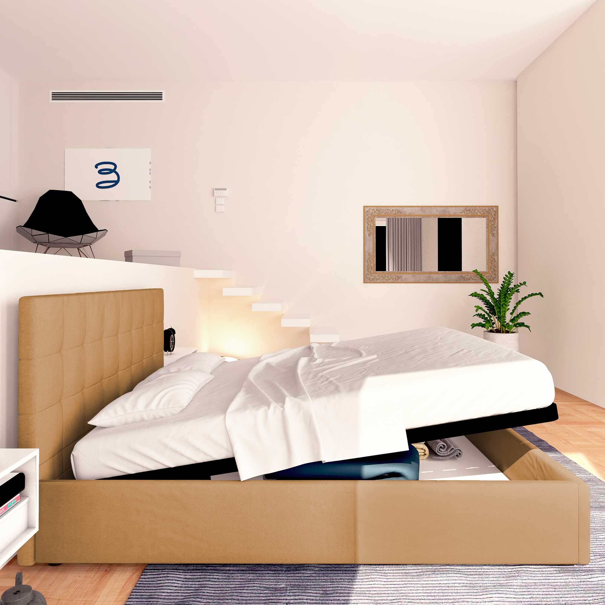 Baldiflex Single Bed with Storage, Dublin Model, Synthetic Leather, Slatted Base, for Single Mattresses, 90 x 200 cm, Elegant Headboard, Light Brown - Perfect for Small Bedrooms, Guest Rooms & Studio Apartments