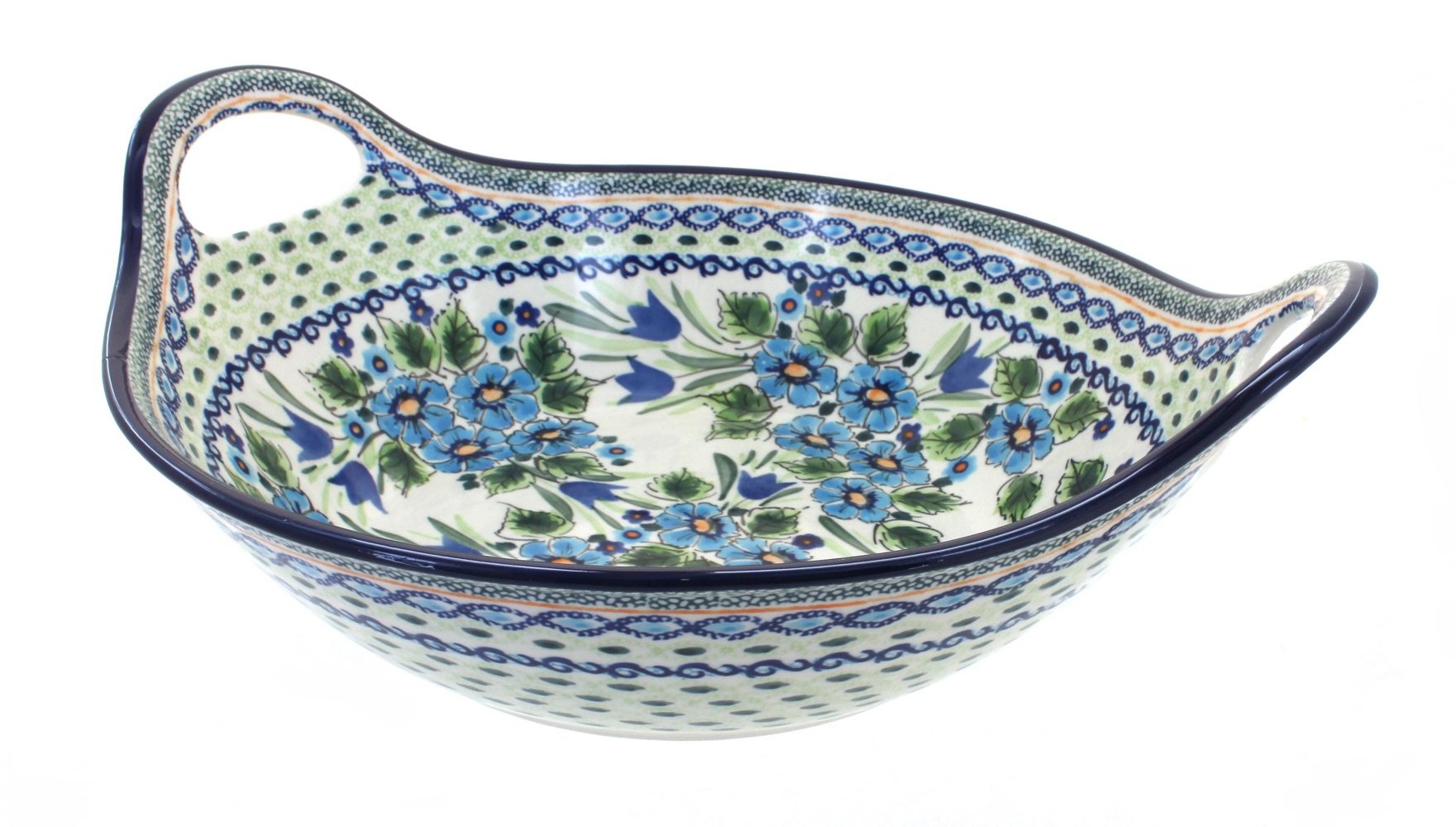 Handmade Blue Rose Polish Pottery Ballina Deep Bowl with Handles - Authentic Ceramic Serving Bowl for Soup, Salad & Pasta - Perfect for Dining, Gifts & Home Decor