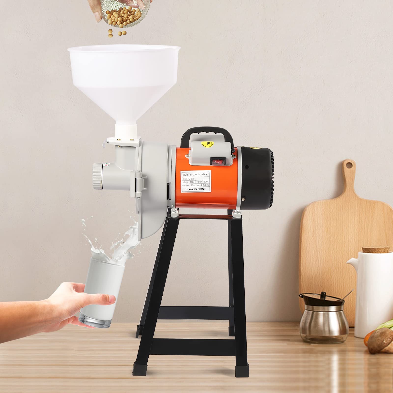 2200W Commercial Electric Grain Mill Grinder - Wet & Dry Grinding for Rice, Corn, Coffee - 110V High-Power Feed Mill with Funnel (Orange) - Perfect for Home Kitchens, Bakeries & Coffee Shops