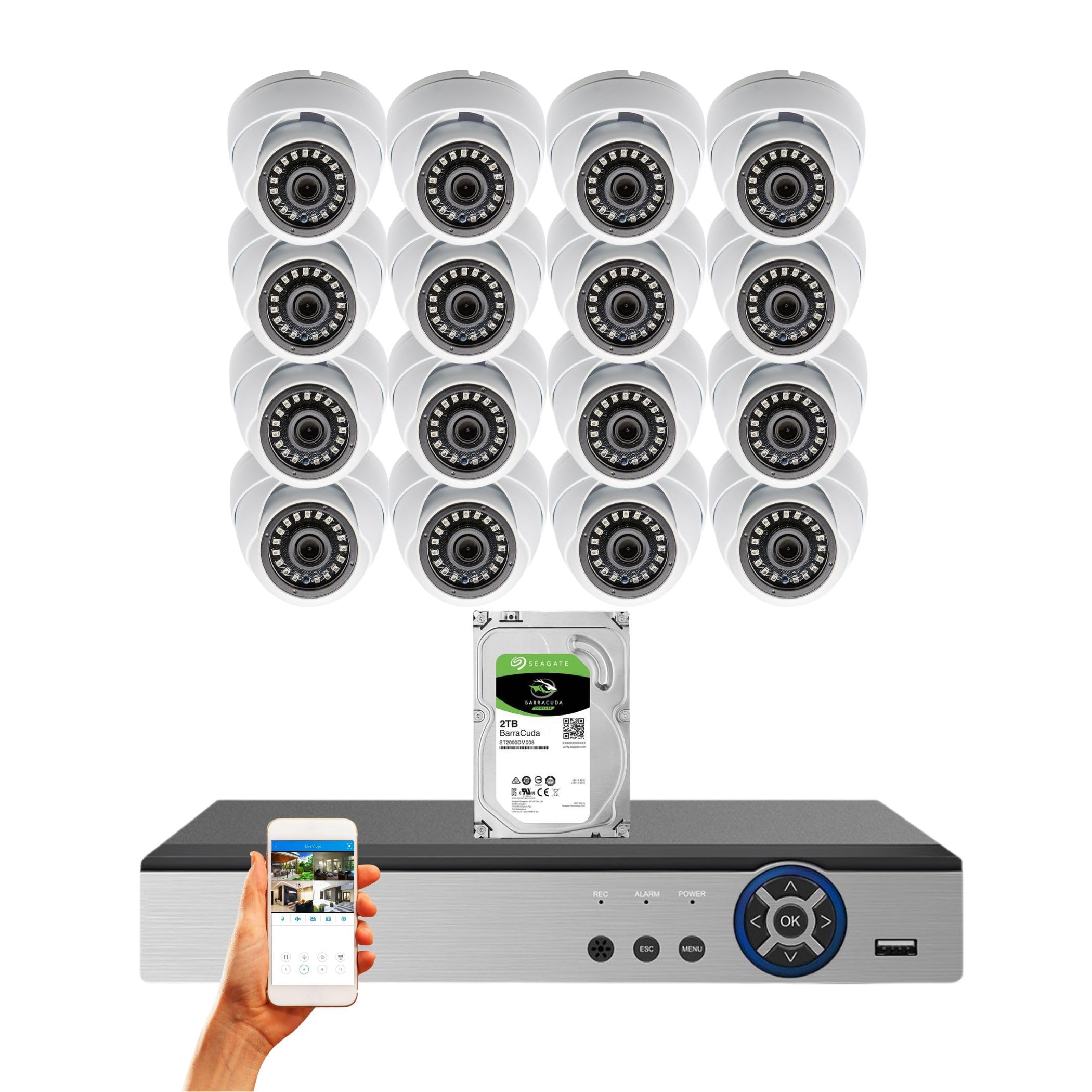 Evertech 16 Channel 1080p HD Security Camera System with 2TB HDD & 16 Weatherproof Dome Cameras - Indoor/Outdoor Surveillance with 2.8mm Wide Angle Lens for Home, Business & Property Protection