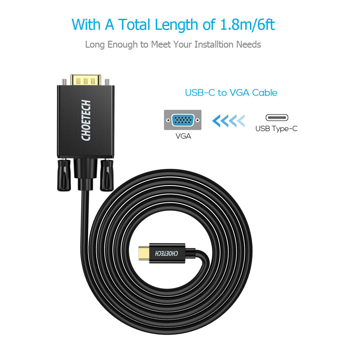 Choetech USB C to VGA Cable 6ft (1.8M) - 4K Video Adapter for MacBook Pro, Dell XPS, HP, Lenovo - Connect Laptop to Monitor/Projector for Work & Presentations