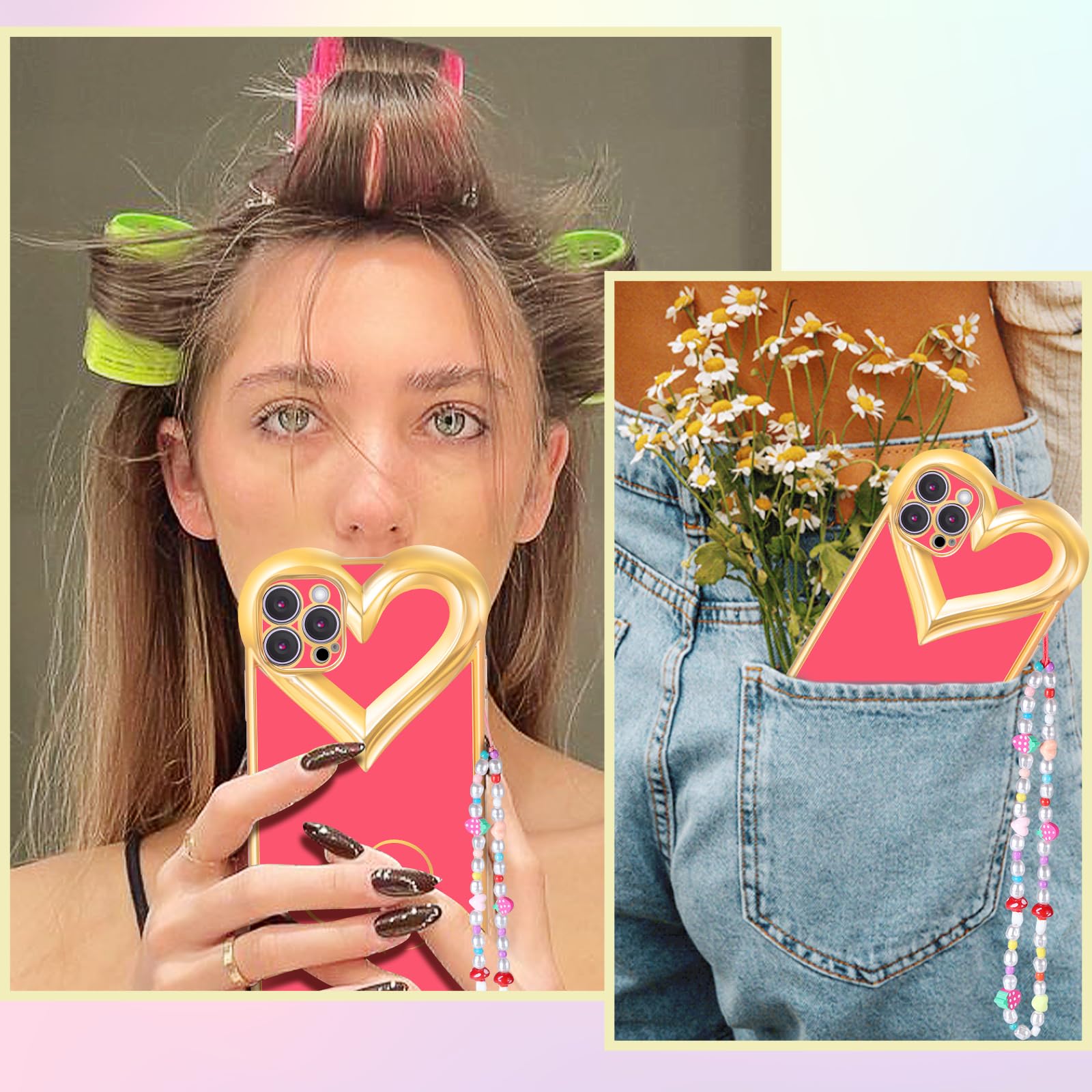 **Phonebliss 2-in-1 Cute Heart Plating iPhone 13 Pro Max Case with Chain - Aesthetic Girly Design for Women & Girls (Red) | Perfect for Everyday Use, Travel & Fashion Accessories**
