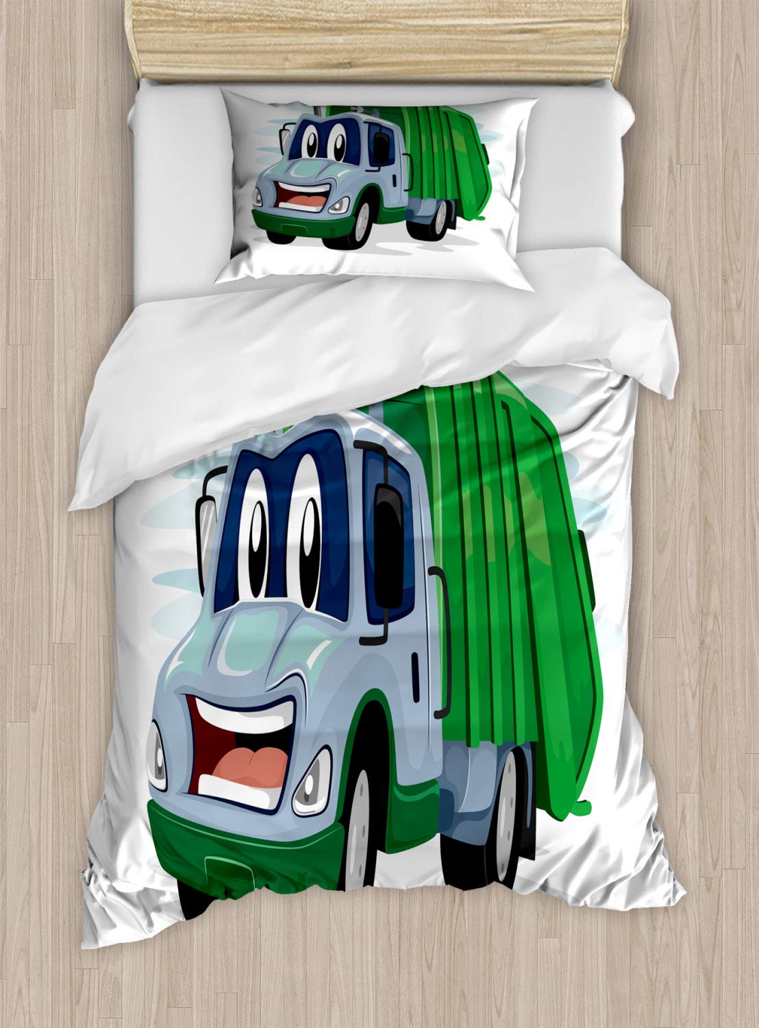 Ambesonne Garbage Truck Duvet Cover Set - Fun Cartoon Trash Vehicle Design with Smiling Mascot, 2-Piece Twin Size Bedding with Pillow Sham, Multicolor | Perfect for Kids' Rooms, Themed Bedrooms & Funny Gift Ideas