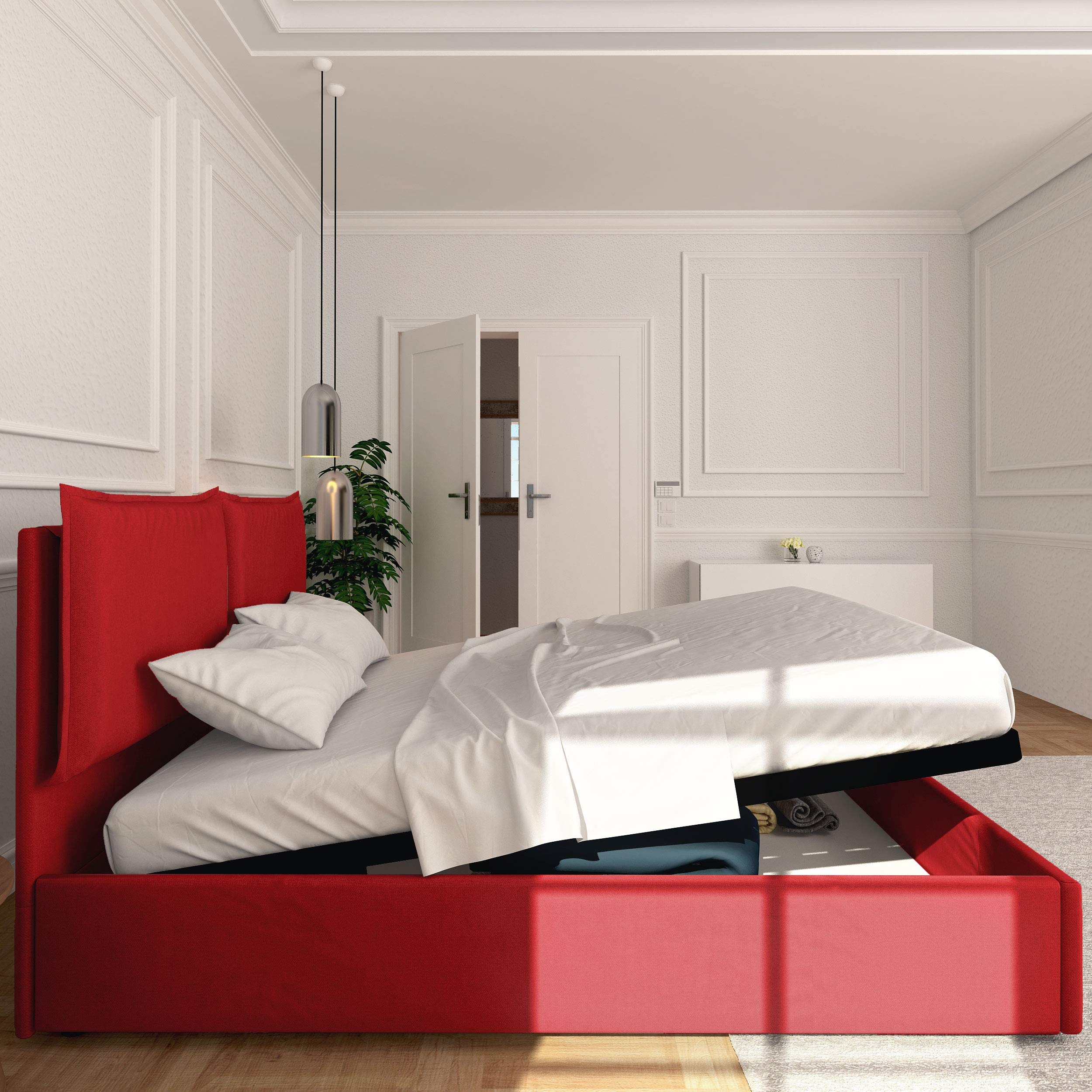 Baldiflex Licia Queen Size Storage Bed with Upholstered Headboard - Synthetic Leather, Slatted Base for 180x200cm Mattress, Red - Perfect for Master Bedroom & Guest Room