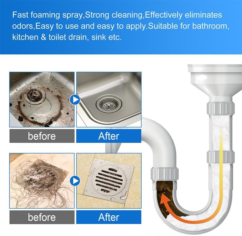 Yugou 2 Pack Drain Cleaner Foam - Powerful Clog Remover for Sinks, Showers & Bathtubs - Fast Acting Pipe Unclogger - Eliminates Hair, Grease & Soap Scum - Perfect for Kitchen & Bathroom Drain Maintenance