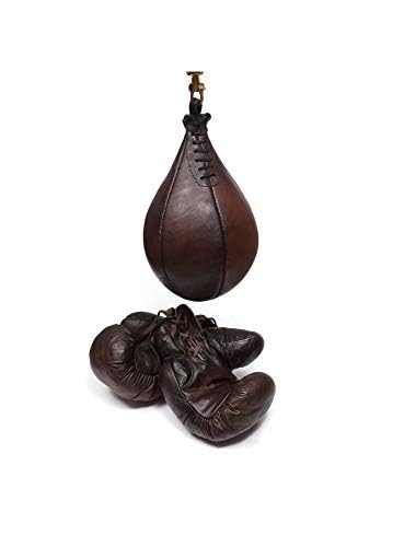 Vintage Brown Leather Boxing Gym Punching Bag Set with Gloves, Speed Ball & Fittings - Heavy Duty Training Equipment for Home & Professional Gym Workouts