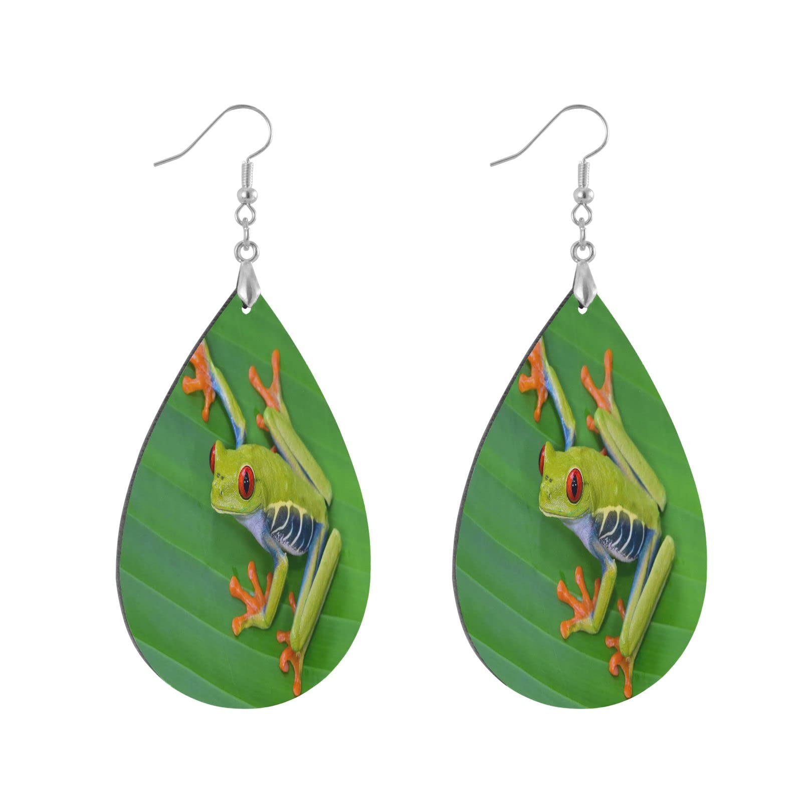 Lightweight Wooden Teardrop Earrings with Tropical Frog & Green Leaves Design - Dangle Drop Earrings for Women & Girls - Stylish Statement Jewelry Gift for Women - Perfect for Summer Outfits, Beach Vacations & Boho Fashion