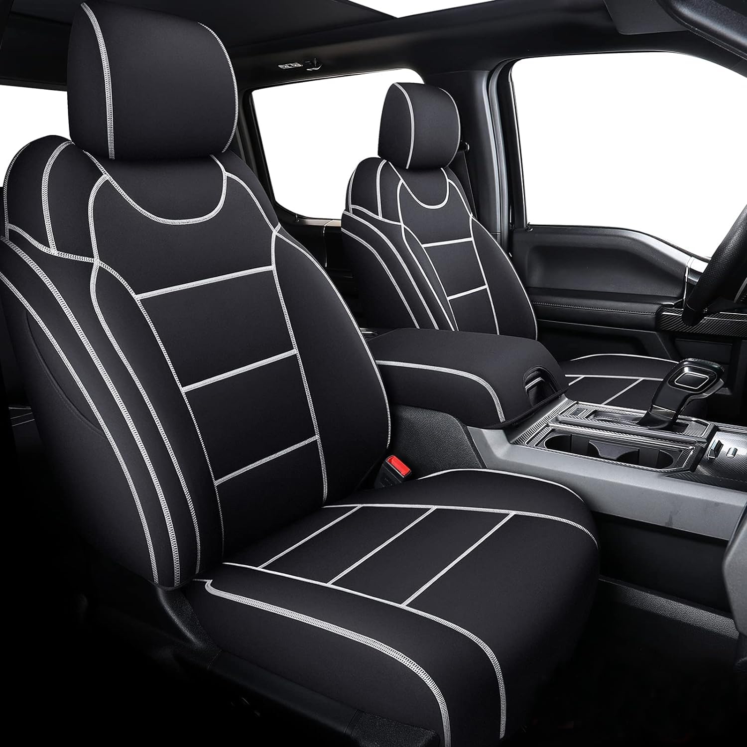 Waterproof Neoprene Car Seat Covers Full Set for Ford F150 2015-2025 & F250/F350/F450 2017-2025 Trucks - Durable Seat Protectors for Crew Cab (White & Black) | Perfect for Off-Roading, Work Commutes & Family Road Trips