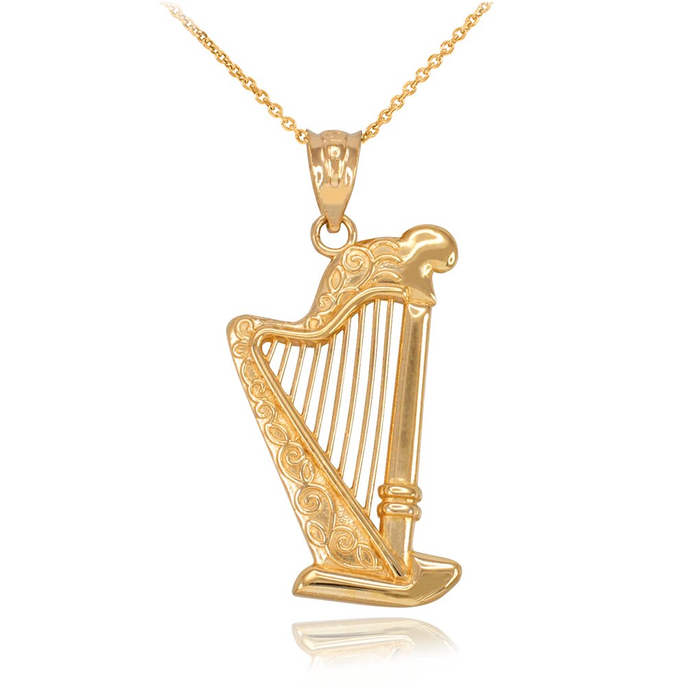 14K Yellow Gold Harp Music Charm Pendant Necklace for Women - Elegant Musical Jewelry Gift for Musicians, Music Lovers & Special Occasions
