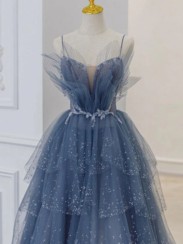 Elegant Blue Tulle Sequin Beaded Long Prom Dress for Sweet 16 Birthday Party | Formal Ball Gown J4363 | Perfect for Quinceañera, Homecoming, and Evening Galas
