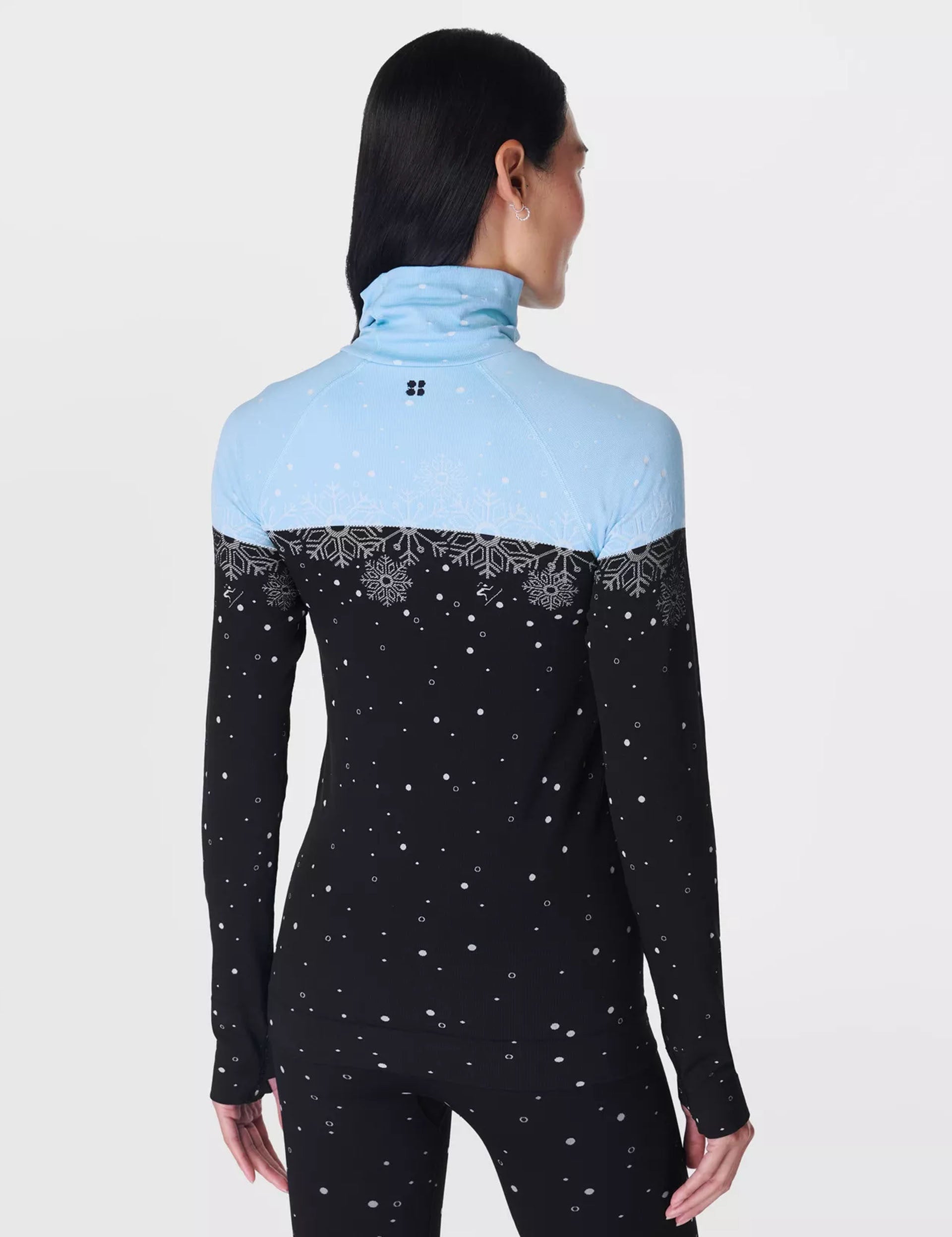 Snowflake Funnel Neck Base Layer Top - Blue Jacquard Thermal Shirt for Women | Winter Warm Fleece Lined Shirt for Skiing, Snowboarding & Cold Weather Activities