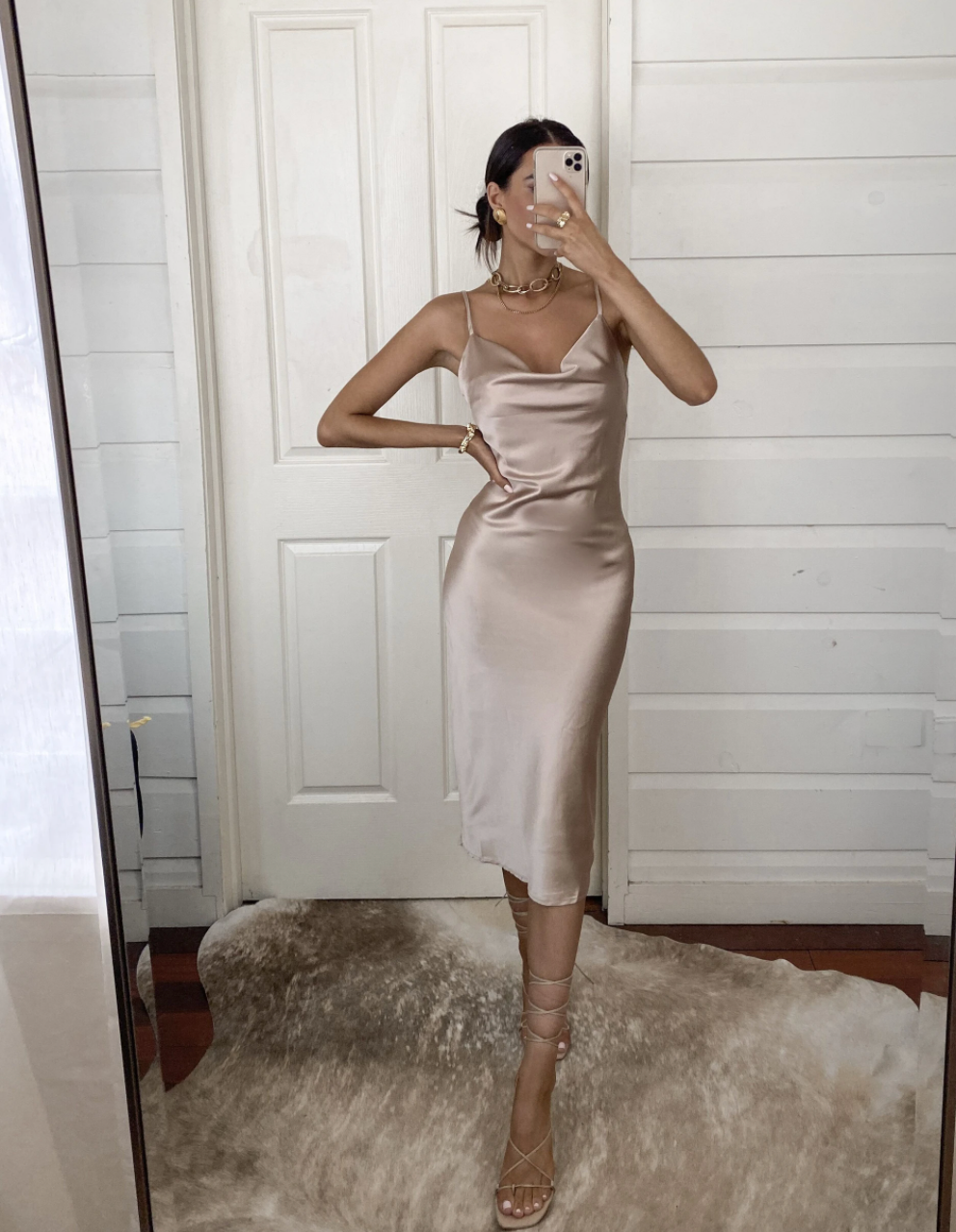 Aspen Midi Dress - Elegant Champagne Satin Formal Dress for Women | Perfect for Weddings, Parties & Evening Events