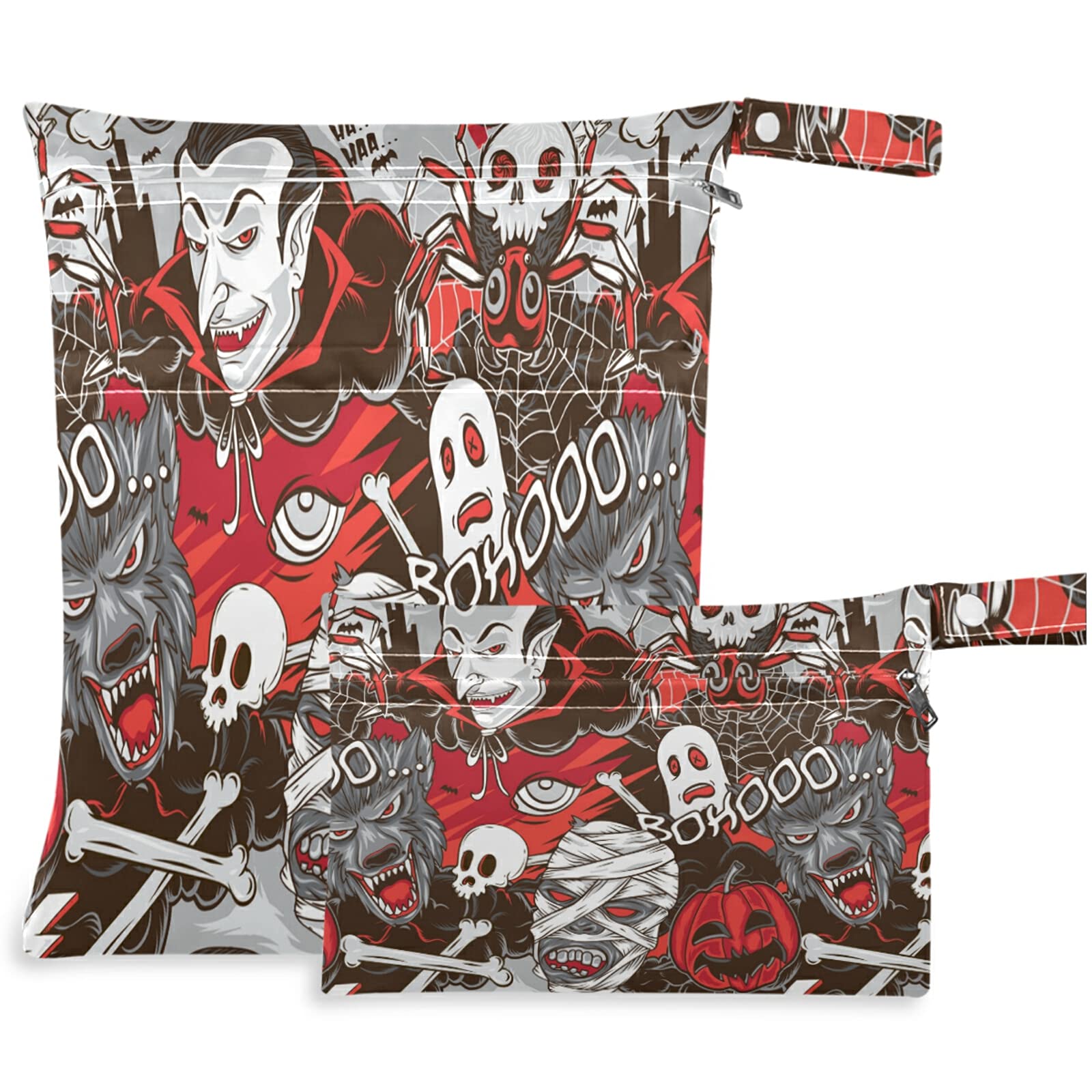 Visesunny Halloween Horror Monster 2-Piece Wet Bag Set with Zippered Pockets - Washable & Reusable Large Diaper Bag for Travel, Beach, Daycare, Stroller - Perfect for Diapers, Gym Clothes, Swimsuits & Toiletries - Great for Halloween Parties, Camping & Sports Activities