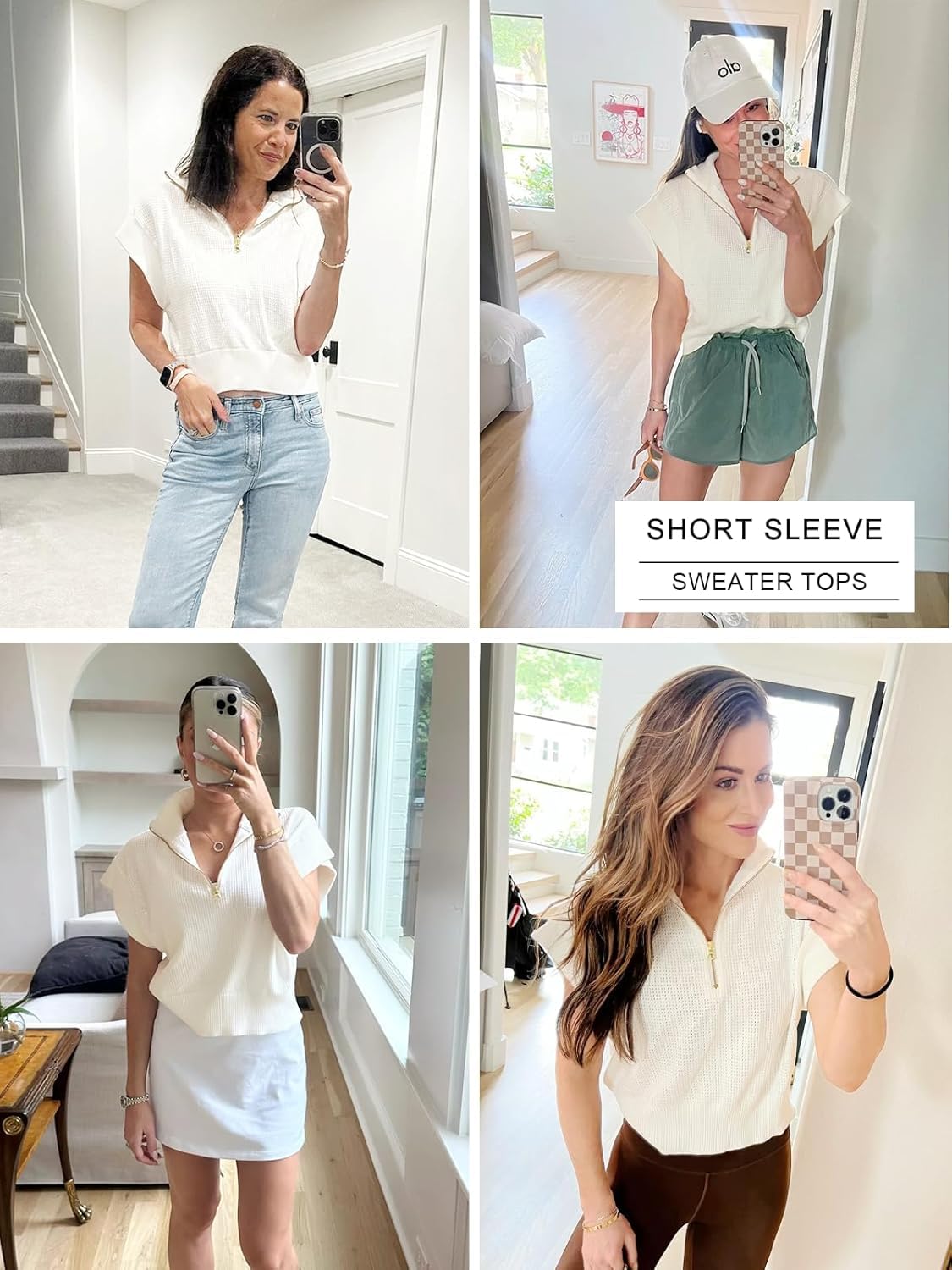 Langwyqu Women's Short Sleeve Cropped Knit Top - Half Zip Cap Sleeve Lightweight Oversized Sweater Vest for Casual Outfits & Layering