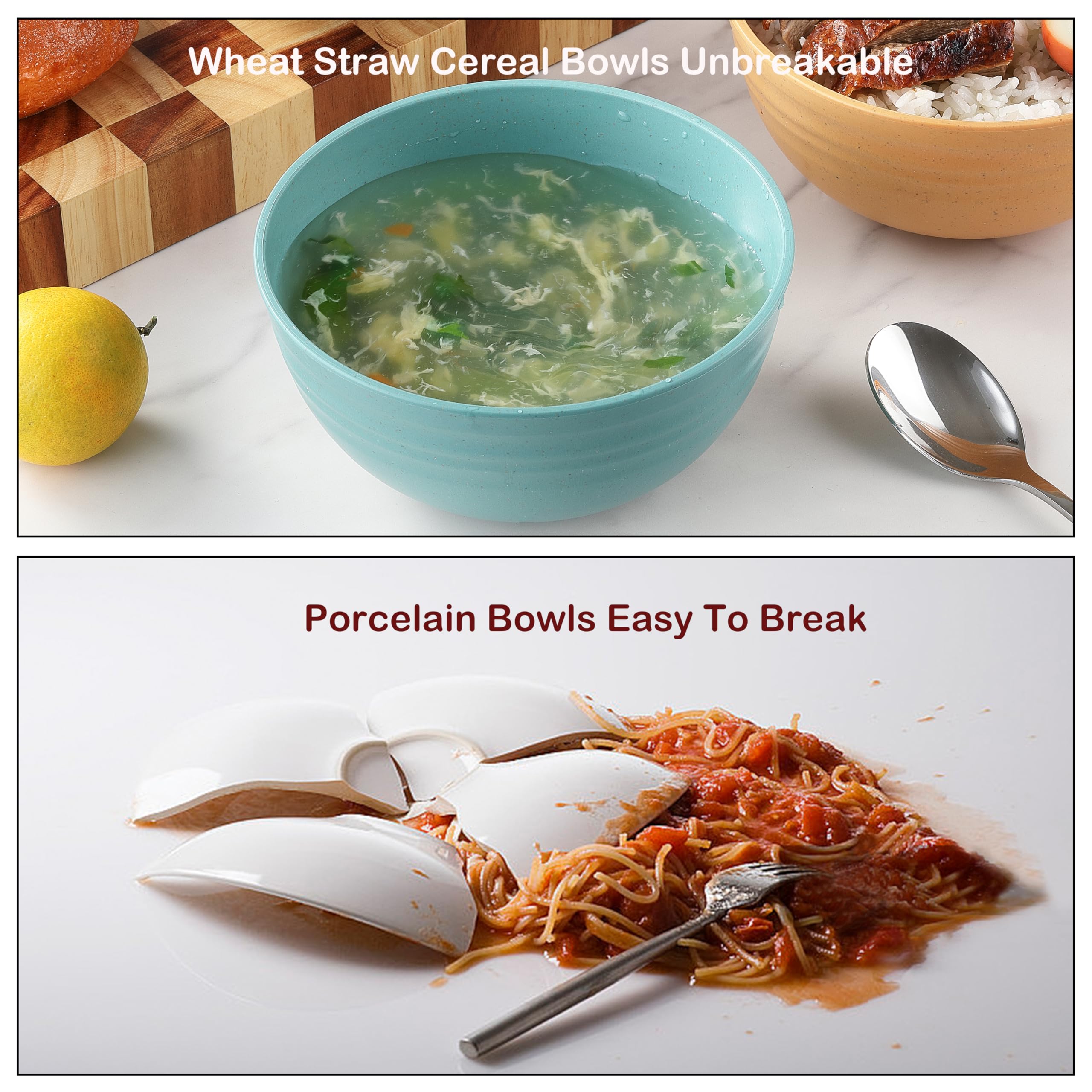 Durable Wheat Straw Cereal Bowls Set of 8 - BPA Free, Microwave & Dishwasher Safe - 26oz Bowls for Cereal, Soup, Salad, Rice & Snacks - 4 Colors - Perfect for Home, Office, Camping & Picnics
