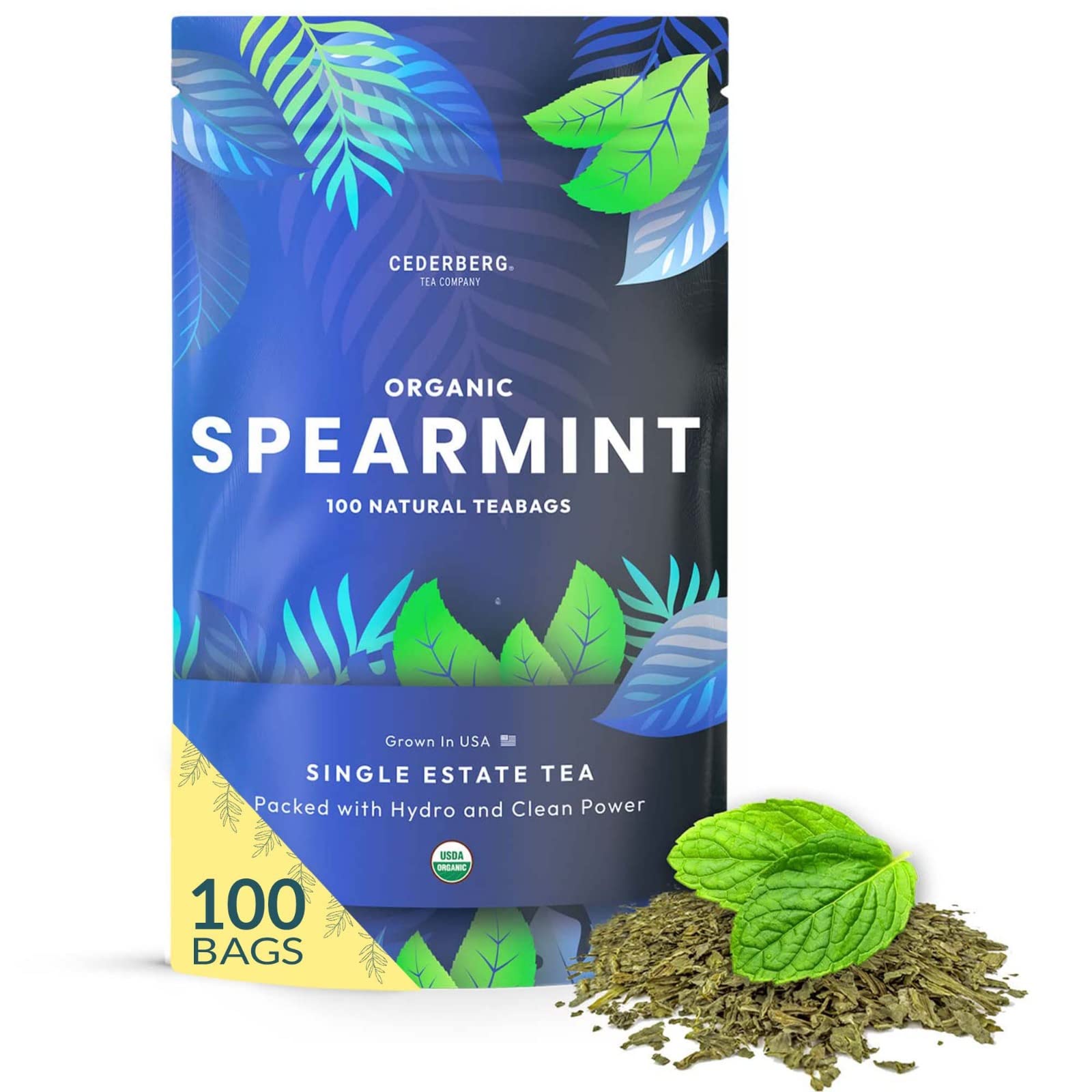 Organic Spearmint Herbal Tea - 100 Natural Caffeine-Free Tea Bags | USDA Certified | Eco-Friendly & Non-GMO | Grown in USA by Cederberg Tea Company | Perfect for Relaxation, Digestion & Stress Relief