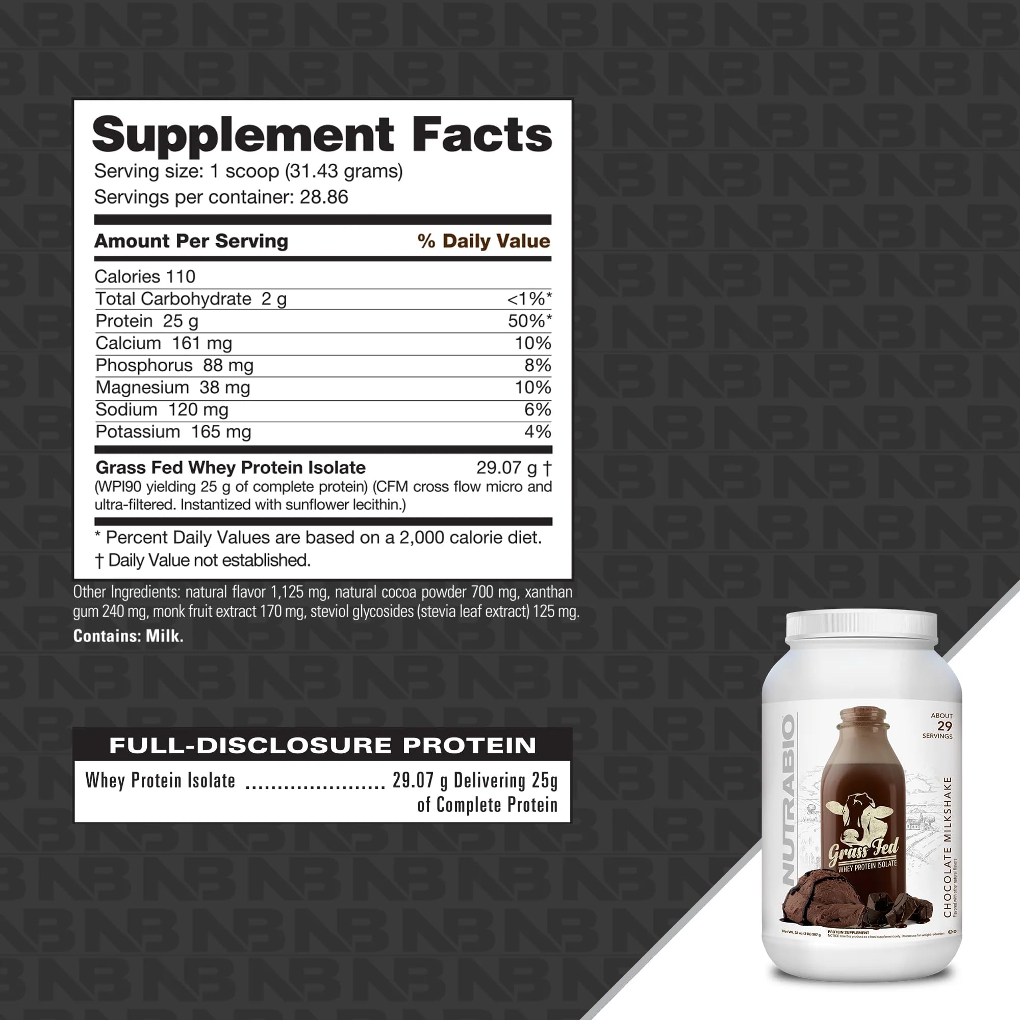NutraBio Grass Fed Whey Isolate Protein Powder - 25G Protein Per Scoop, Sugar Free, Natural Lean Muscle Supplement - Chocolate Milkshake Flavor - 2LB (29 Servings) for Post-Workout Recovery & Healthy Lifestyle