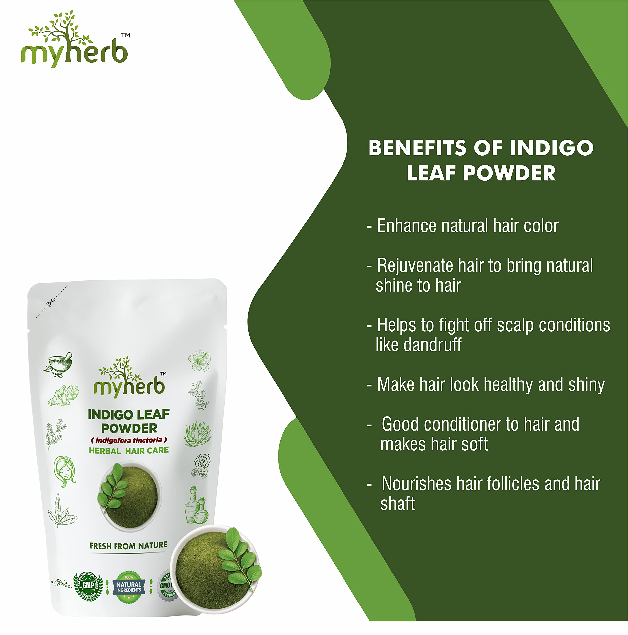 MYHERB 100% Natural Organic Indigo Leaf Powder (Indigofera tinctoria) - 8oz/227g for Hair Growth & Black Hair Care - Men & Women - DIY Herbal Hair Dye & Scalp Treatment for Natural Gray Coverage & Healthy Locks