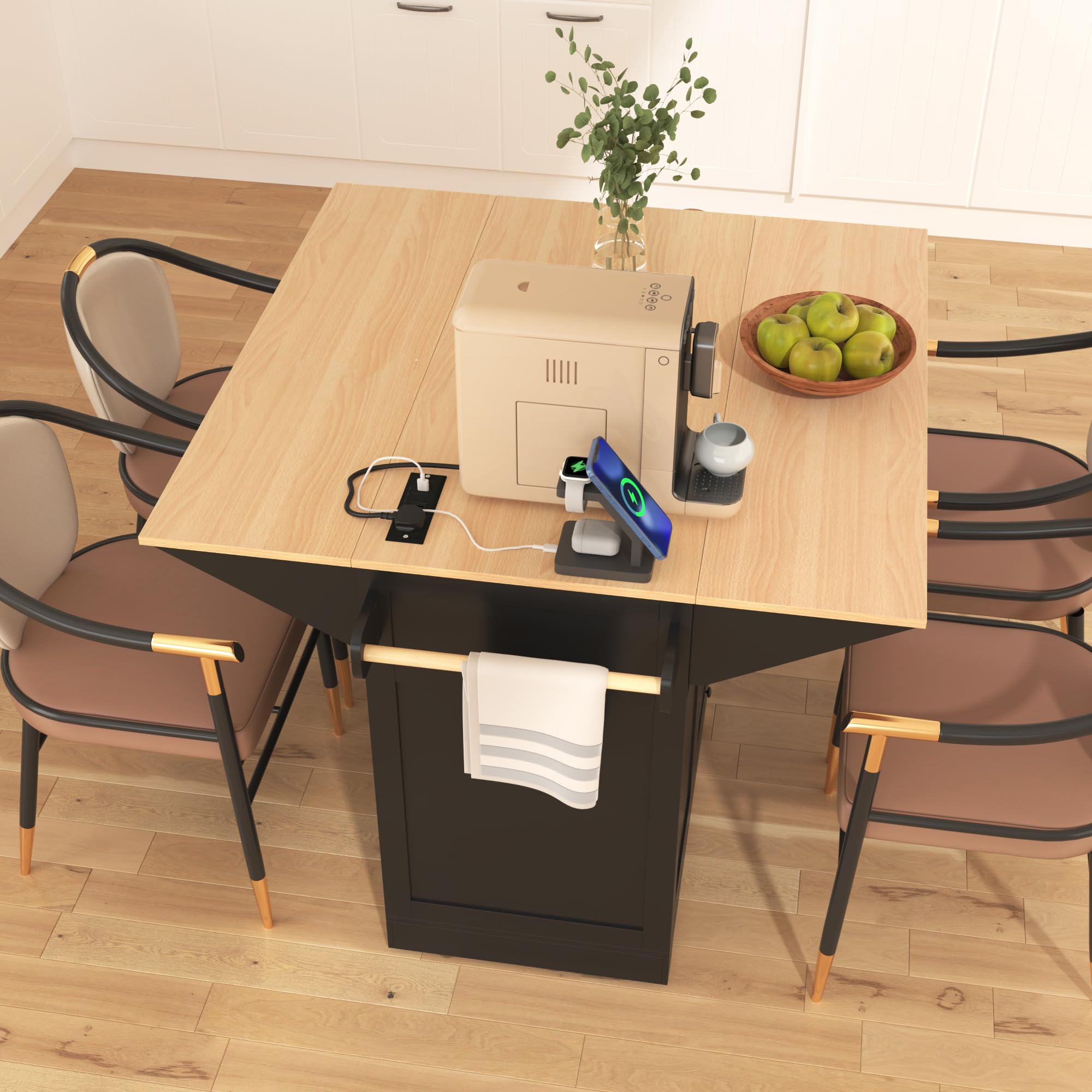 Modern Large Kitchen Island with 2 Drop Leaf, 5-Wheel Rolling Cart with Power Outlet, Folding Storage Dining Table for Kitchen & Dining Room - Black (Space-Saving Design for Small Kitchens, Perfect for Entertaining & Meal Prep)