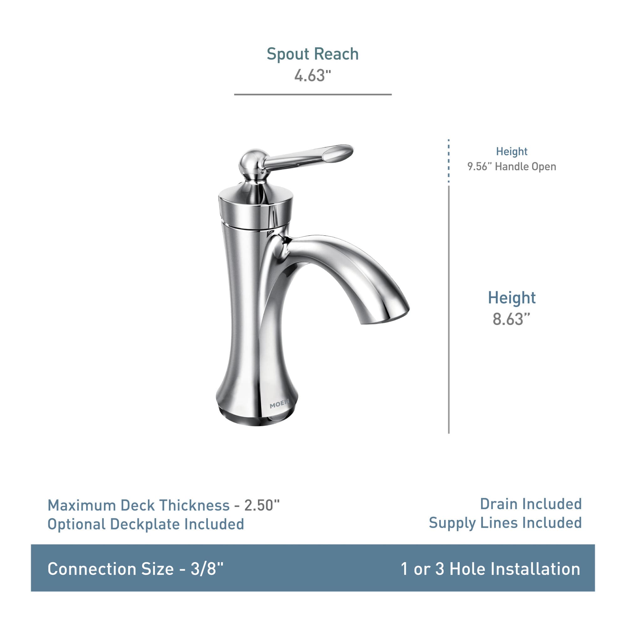 Moen Wynford Chrome One-Handle High-Arc Bathroom Faucet with Drain Assembly - Single or Three Hole Installation - Perfect for Modern Bathroom Vanities and Sinks