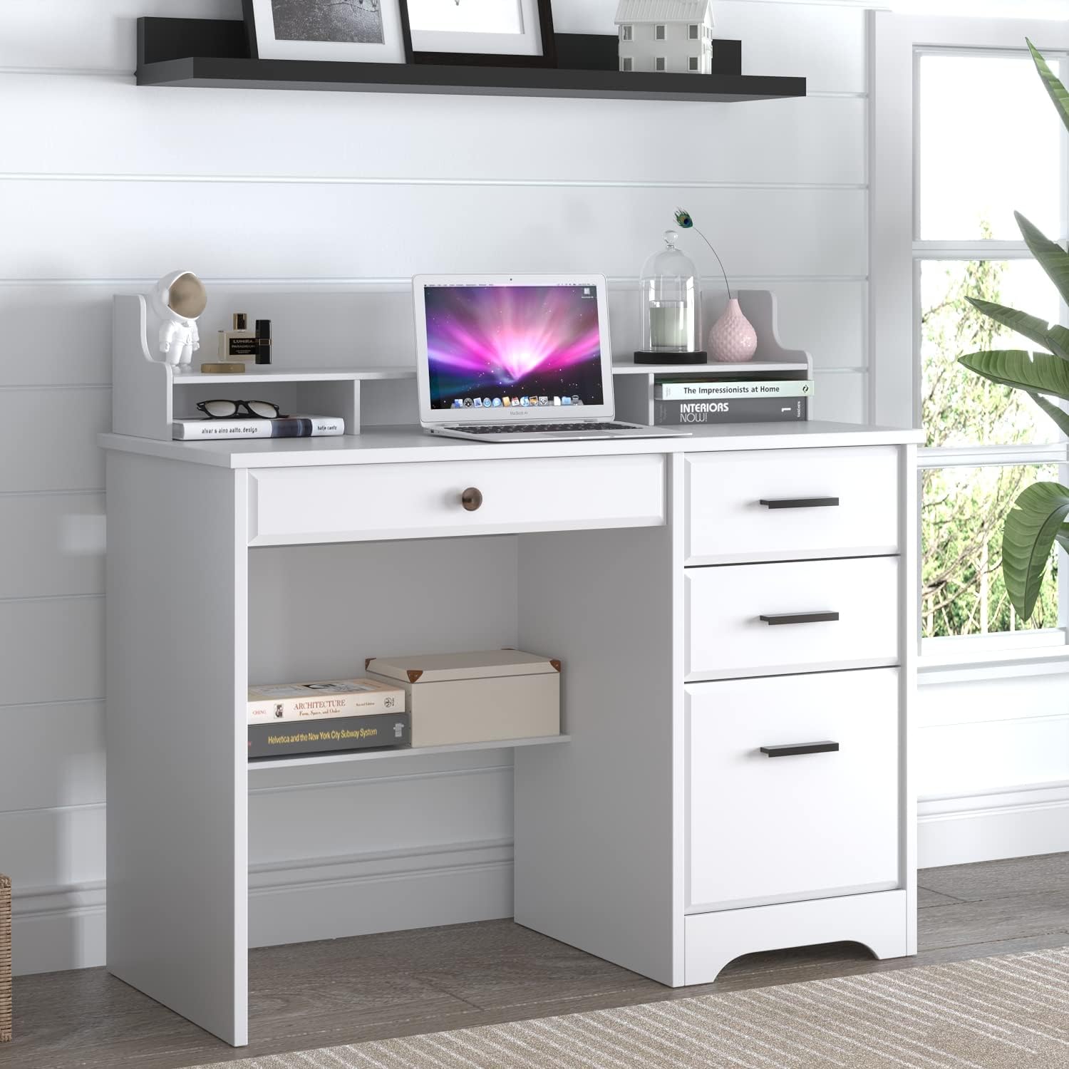 44 Inch White Computer Desk with Storage Drawers & Hutch - Home Office Desk with 4 Drawers, Monitor Stand & Writing Table for Small Spaces - Perfect for Bedroom Study, Gaming & Work from Home Setup