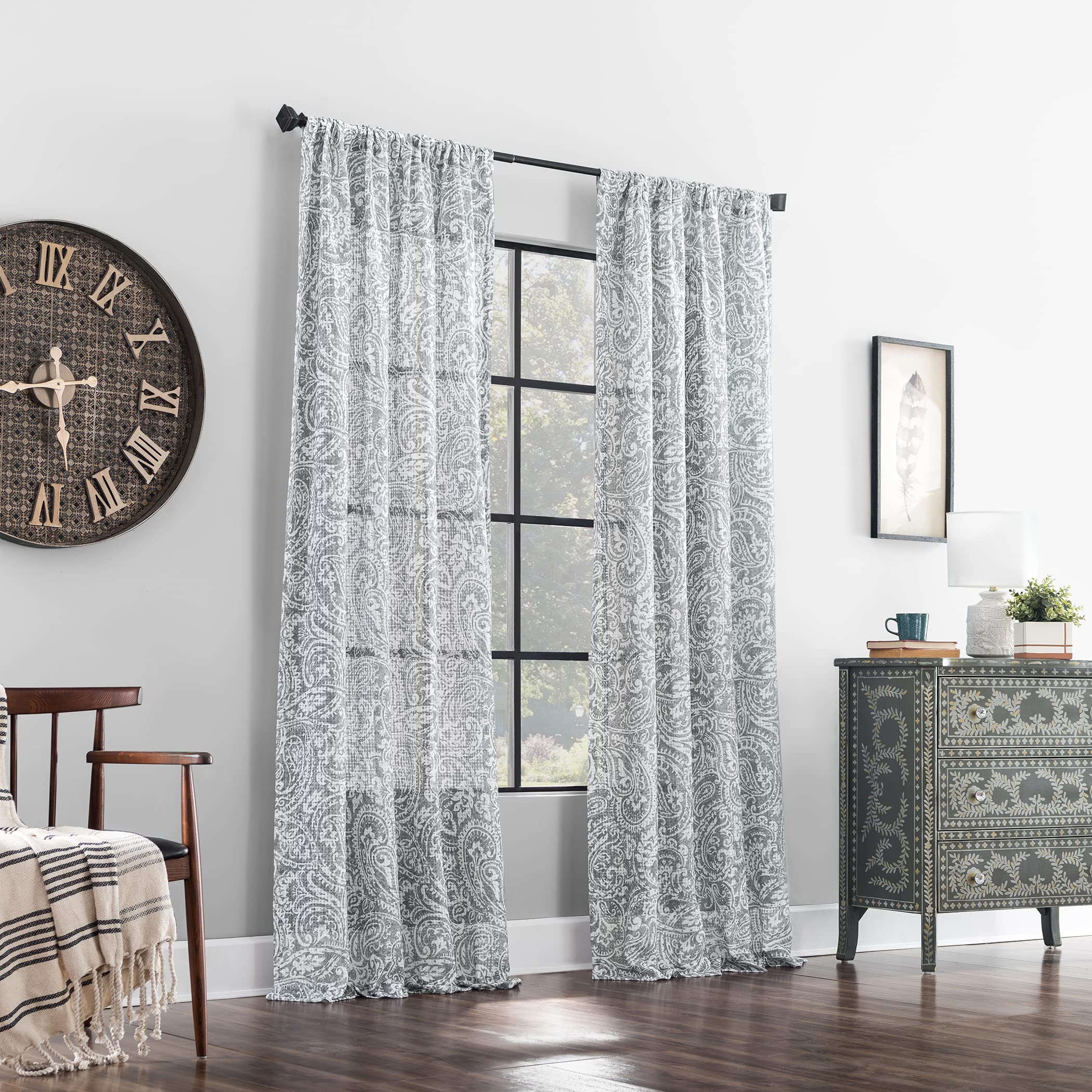 Archaeo Paisley Waffle Weave Cotton Blend Rod Pocket Curtains 50x84 Inches - Gray Window Drapes for Living Room, Bedroom & Office