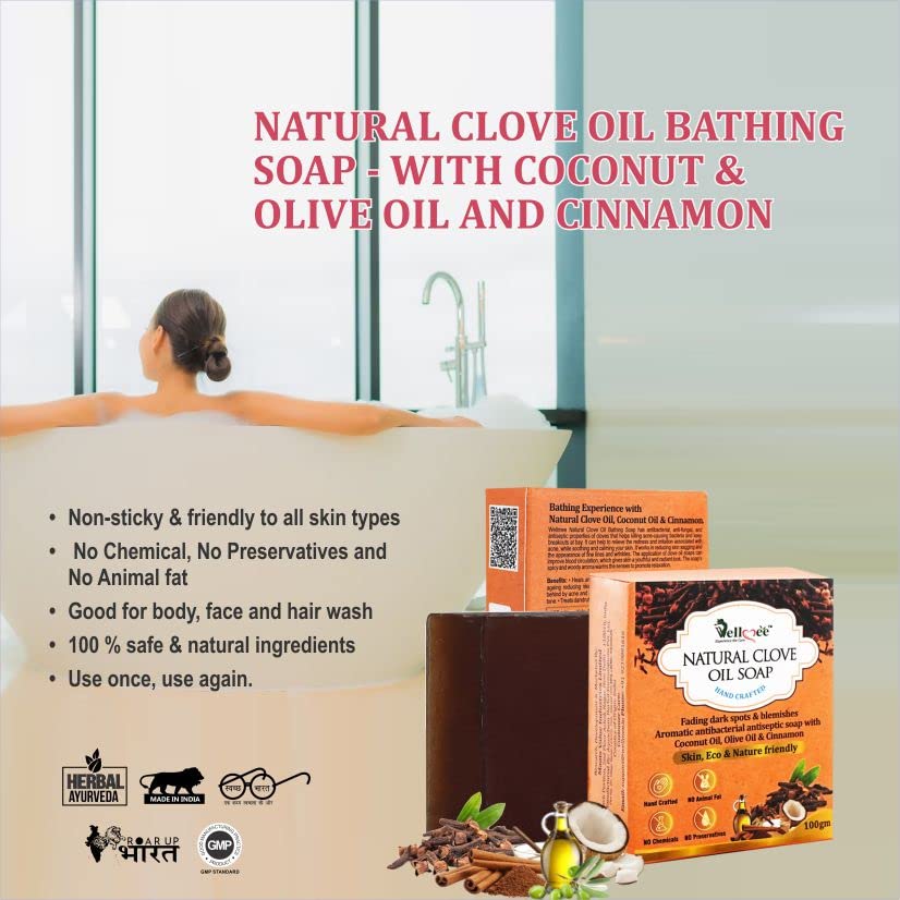 WELLMEE Natural Clove Oil Antibacterial Handmade Soap with Coconut Oil & Olive Oil - Reduces Dark Spots & Nourishes Skin - 100g Bar Soap for Acne Treatment, Daily Cleansing & Spa Relaxation