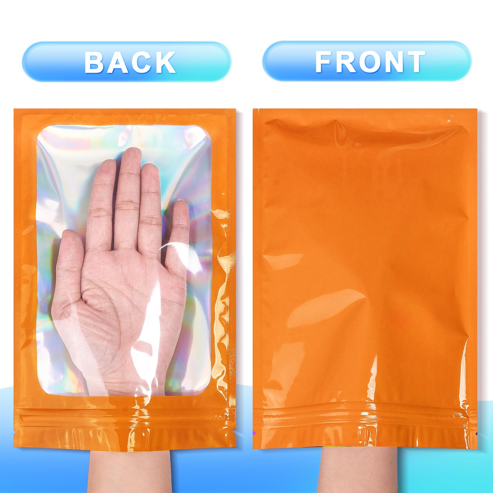 100-Pack Smell Proof Mylar Bags - Resealable Holographic Pouch with Clear Window for Food Storage, Eyelash, Jewelry & Electronics | Airtight & Durable (4x6 Inch, Orange) - Perfect for Travel, Organizing & Long-Term Preservation