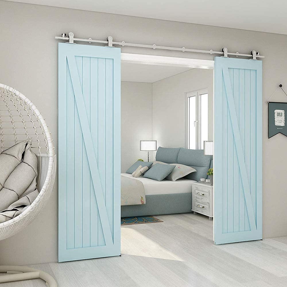 TSMST 12FT Heavy Duty Stainless Steel Sliding Barn Door Hardware Kit - Top Mount T-Style Track for Double Wood Doors | Smooth Quiet Operation | Perfect for Bedrooms, Closets & Farmhouse Style Homes