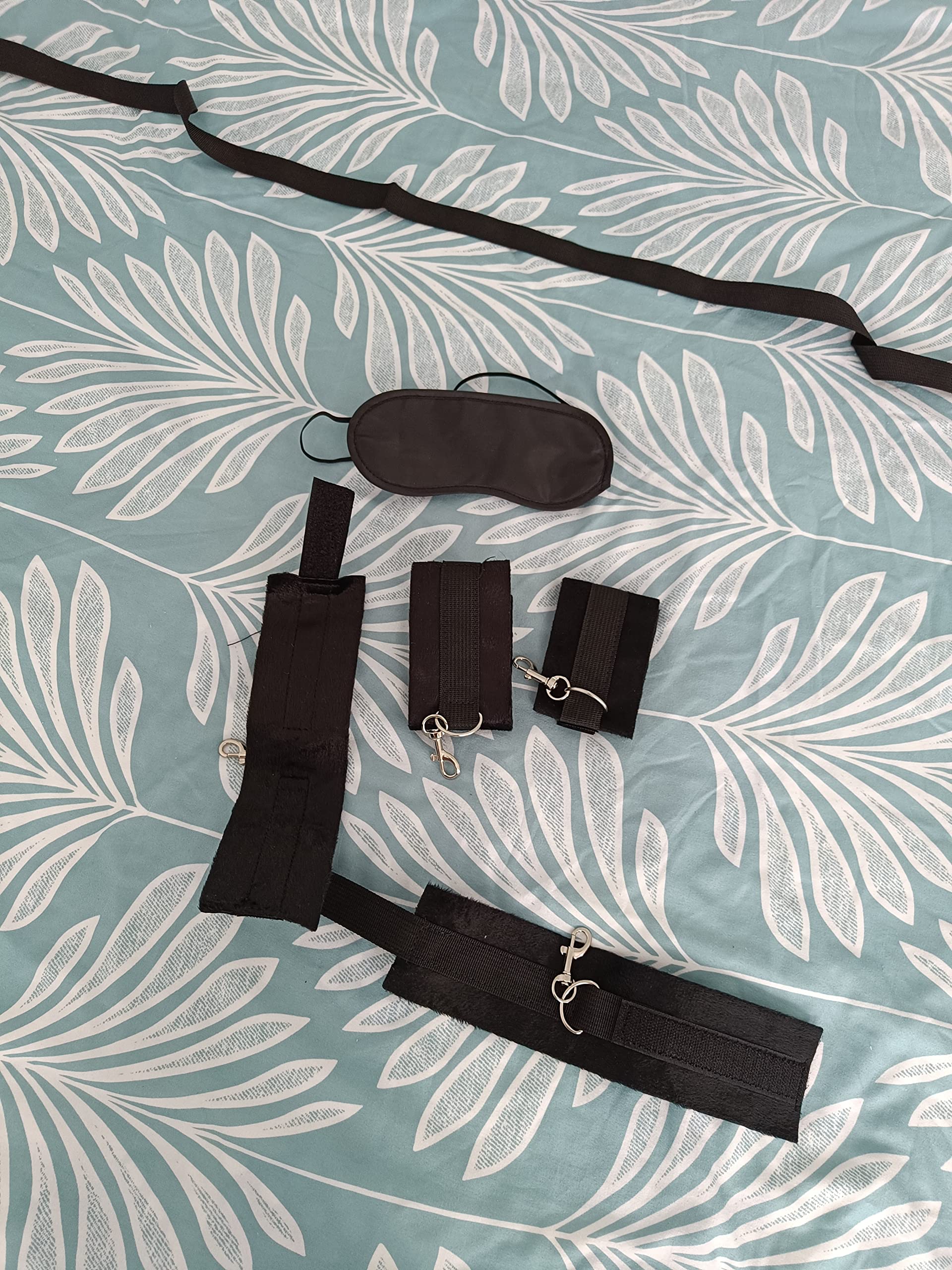 BDSM Under Bed Restraints Kit - Adjustable Wrist & Ankle Cuffs with Blindfold for Couples | Spice Up Your Sex Life | Perfect for Bedroom Bondage, Fetish Play & Sensual Exploration (Fits Any Mattress)
