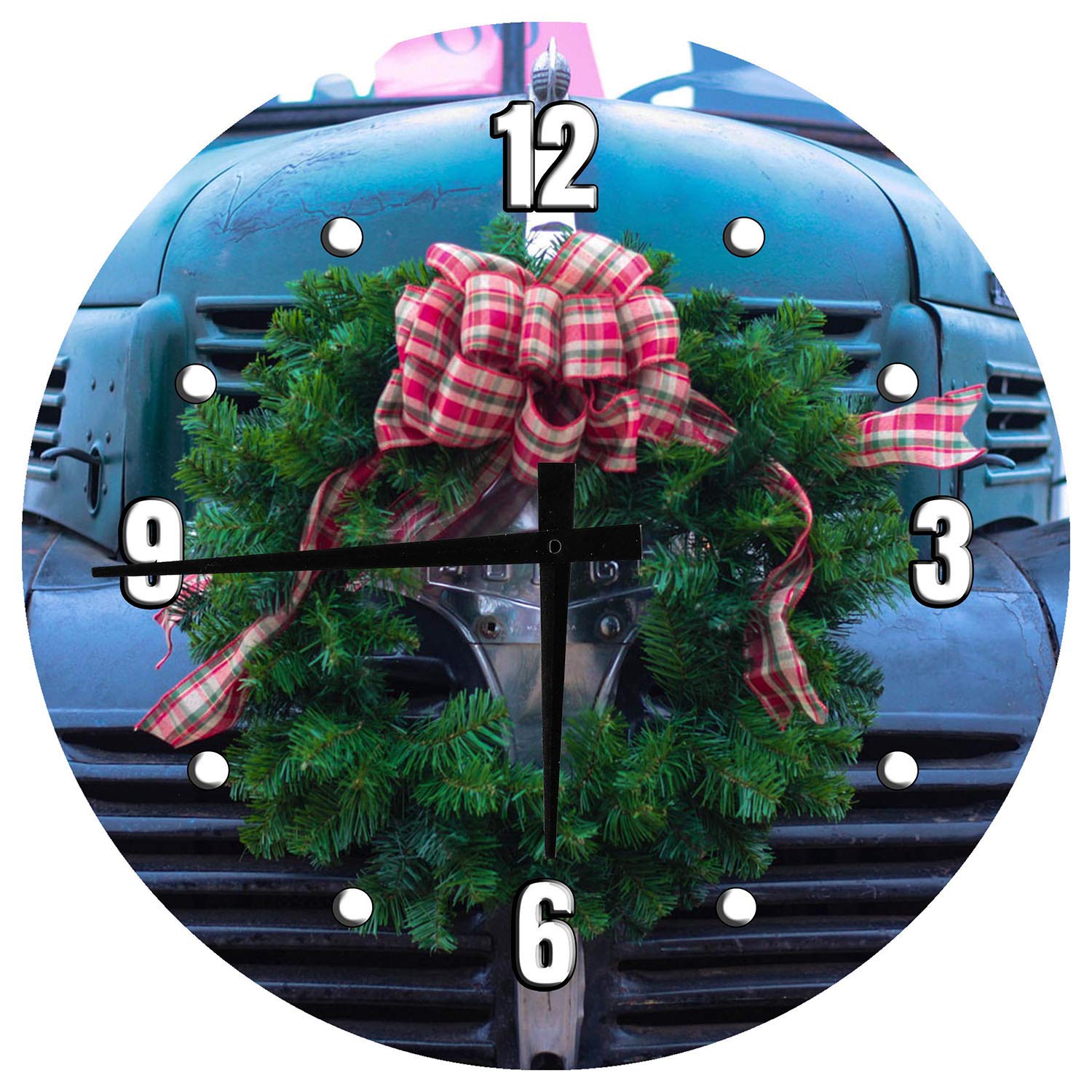 Vintage Car & Truck Christmas Wreath - 12 Inch Large Round Wooden Wall Clock Decor - Rustic Home Wall Art for Living Room, Bedroom, Office & Holiday Decorations