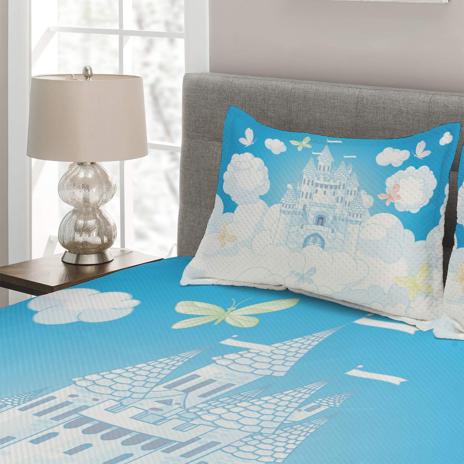 Ambesonne King Size 3-Piece Quilted Bedspread Set - Castle, Clouds & Butterflies Print, White & Sky Blue - Includes 2 Pillow Shams | Elegant Bedroom Decor for Guest Rooms & Master Suites