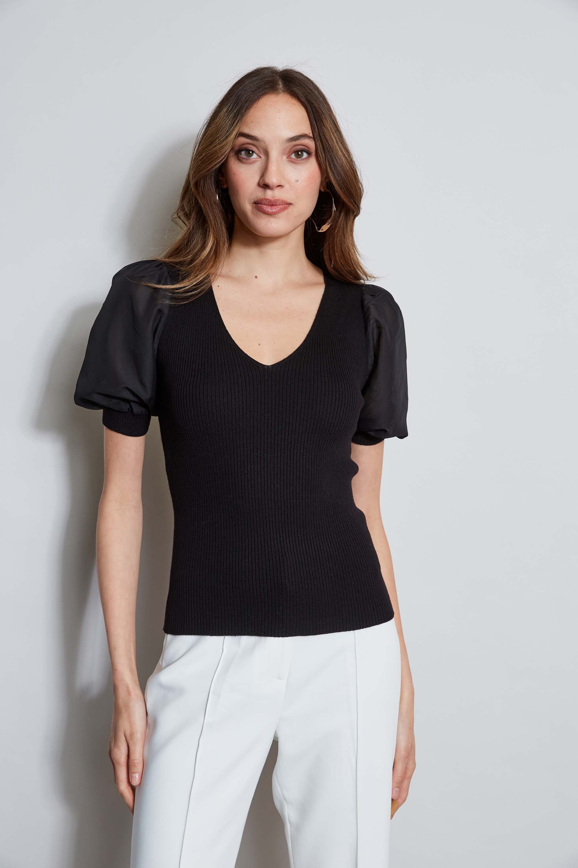 Tahari Chiffon Sleeve Knit Top for Women - Elegant Blouse with Flowy Sleeves for Office, Party & Date Night Outfits