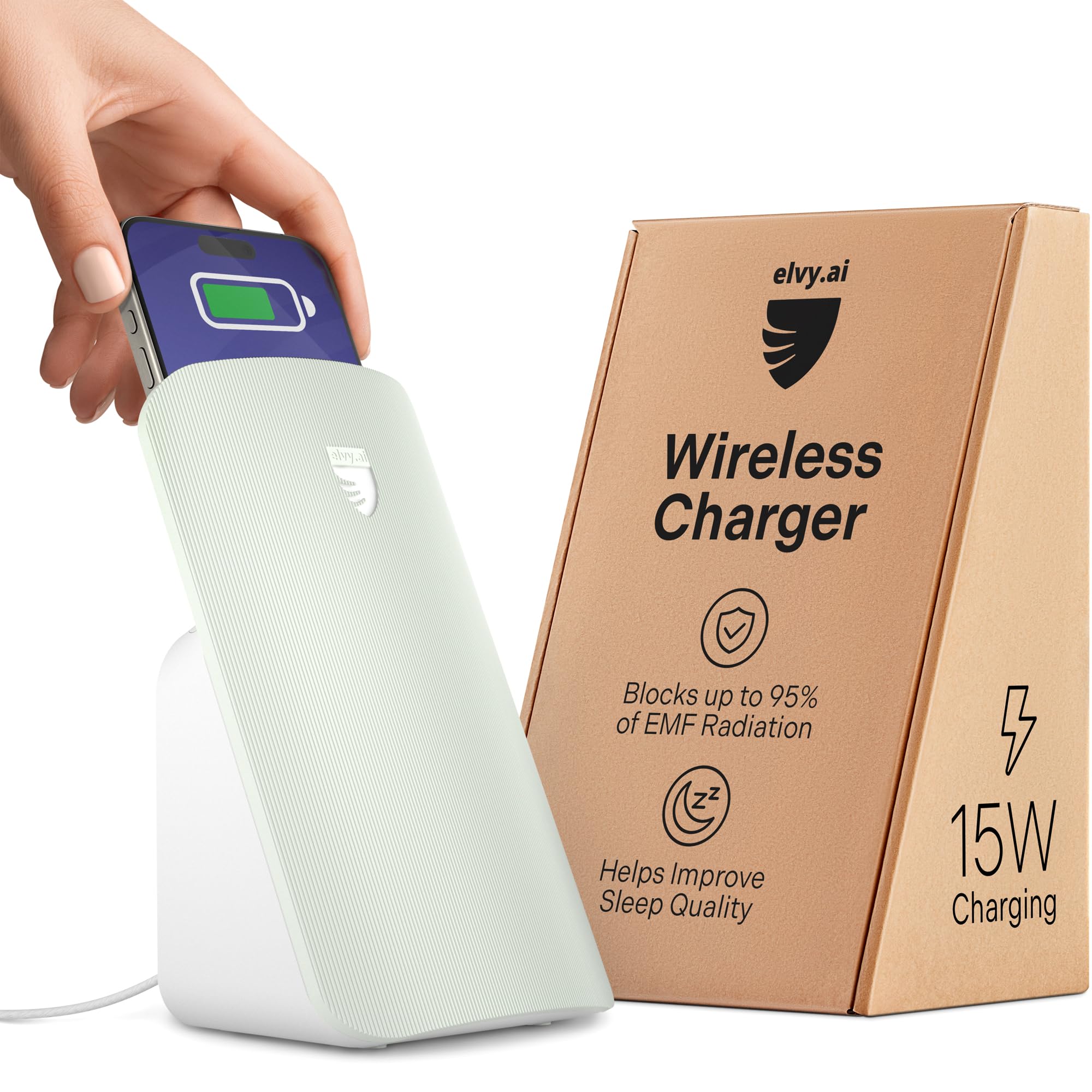 Elvy Fast Qi Wireless Charger for iPhone, Samsung & Android Phones - EMF Protection, Lab Tested by Ordos Tech, Mint Green | Safe Charging for Home, Office & Travel