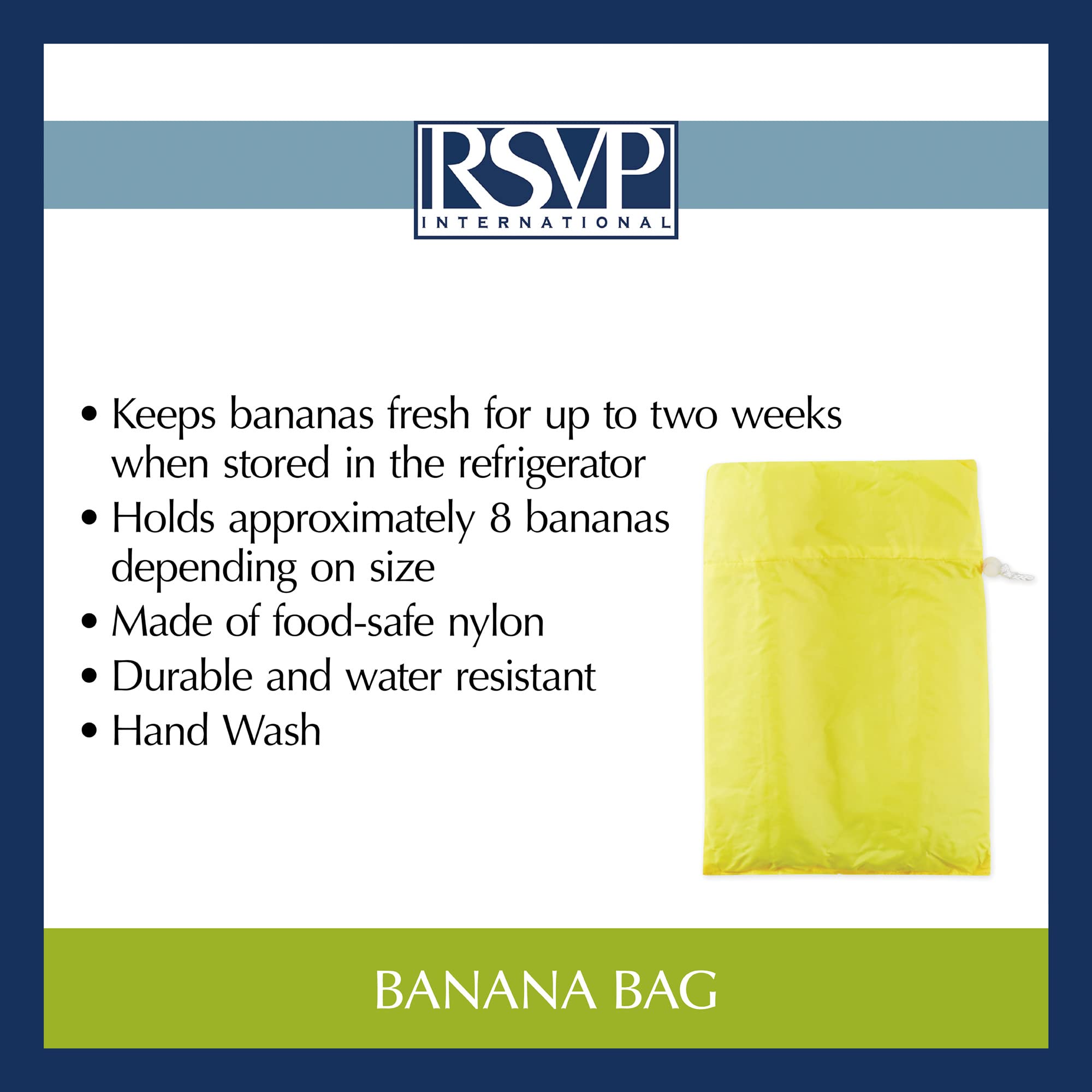 RSVP International Food Safe Nylon Banana Storage Bag - 11.5x13.75 Inches, Yellow - Keep Bananas Fresh Longer for Home, Office, and Travel Use