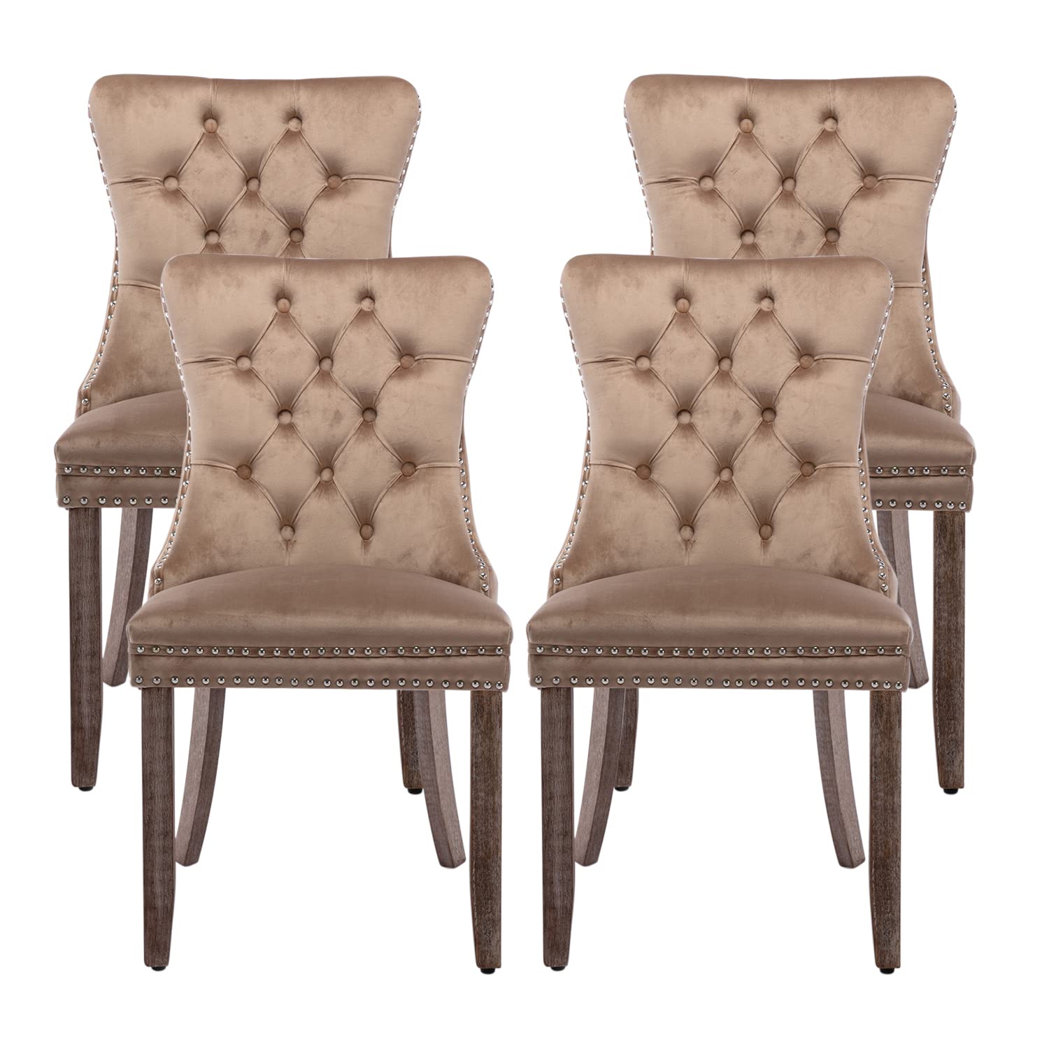 Kiztir Velvet Dining Chairs Set of 4 - Upholstered Tufted Accent Chairs with Ring Pull Trim & Button Back, Modern Luxury Dining Room Chairs for Kitchen, Living Room & Bedroom - Perfect for Home Decor & Dinner Parties (Khaki)