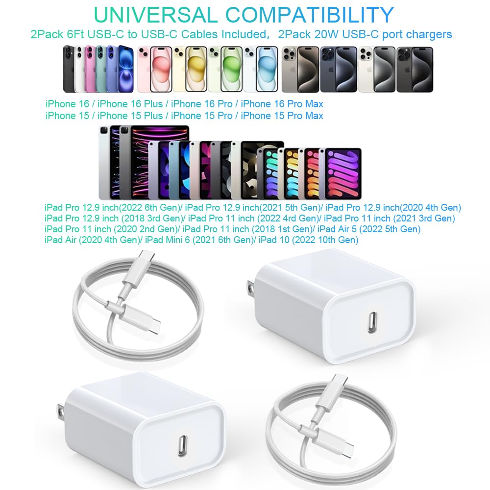 20W Fast Charger Block with 6ft USB C Cable - Compatible with iPhone 16/15 Series, iPad Pro/Air/Mini - Quick Charge & Data Sync - Perfect for Home, Office & Travel (2-Pack)
