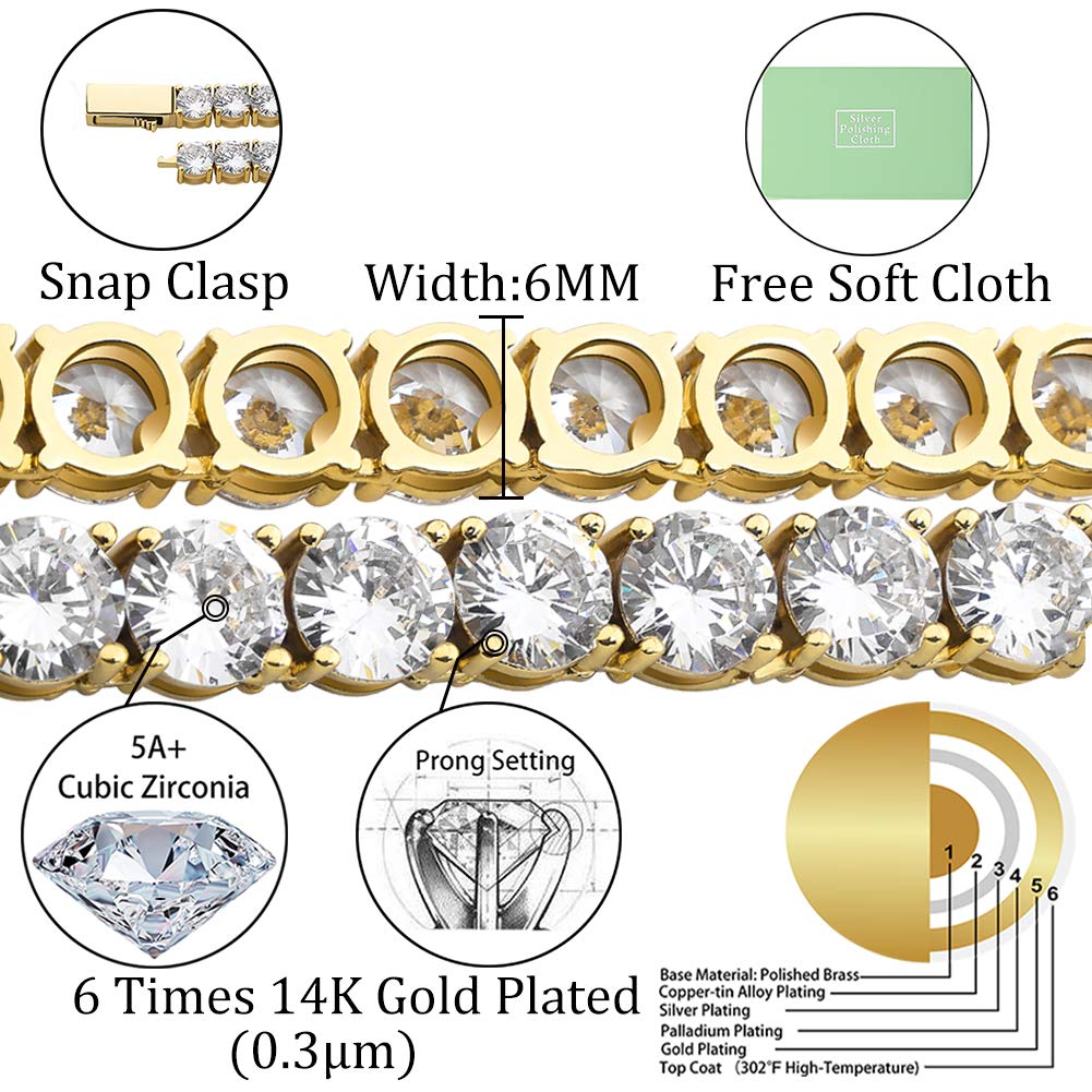 TOPGRILLZ 14K Gold Plated Tennis Necklace for Women & Men - 3/4/5/6mm Cubic Zirconia Diamond Choker Chain - Silver Iced Out Link Necklace - Perfect for Parties, Weddings & Special Occasions