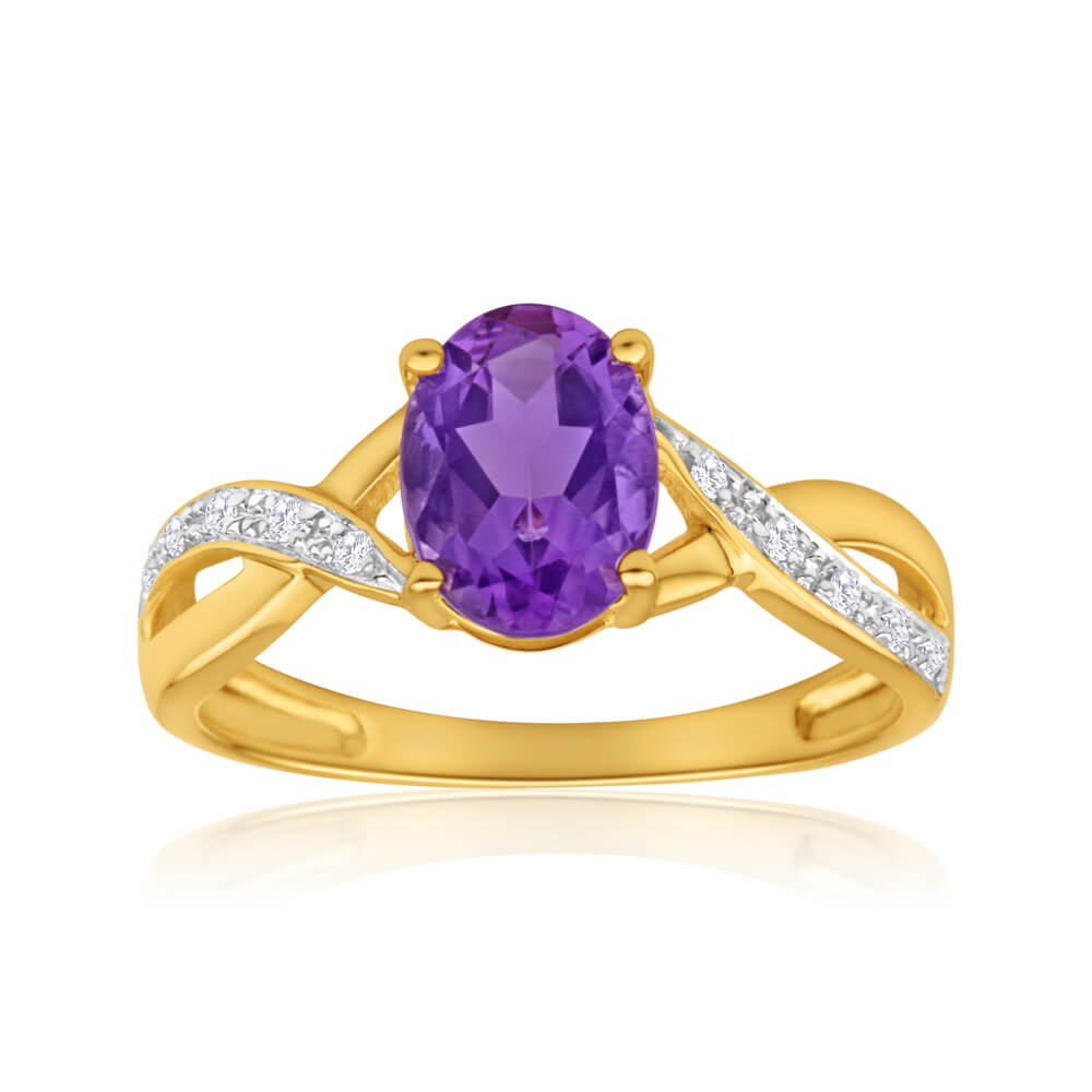 9ct Yellow Gold Amethyst and Diamond Crossover Ring for Women - Elegant Stackable Jewelry Gift for Valentine's Day, Anniversary or Special Occasions