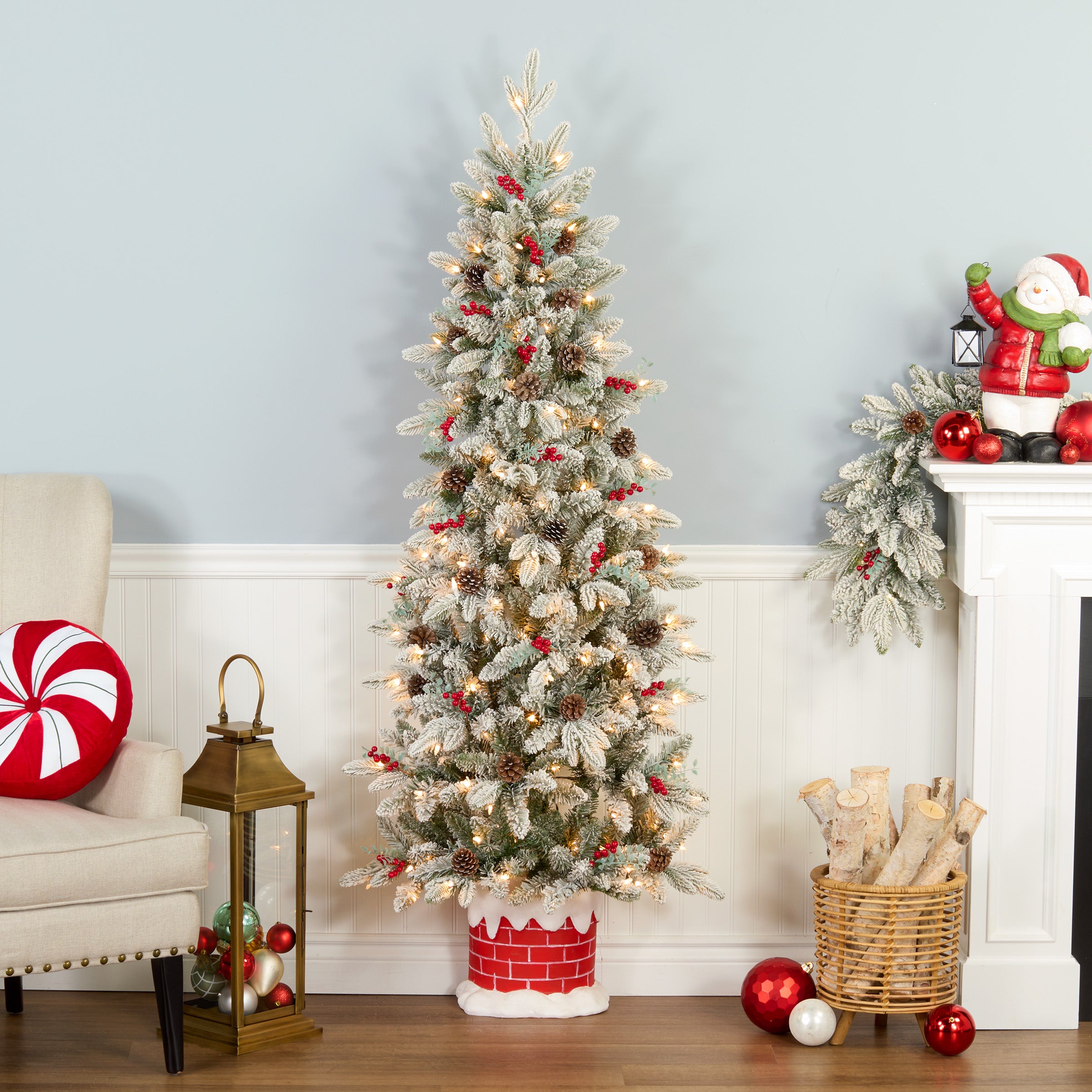 5 ft. Pre-Lit Snowberry Pine Half Christmas Tree with Clear Lights - Perfect for Small Spaces, Apartments, and Holiday Decor