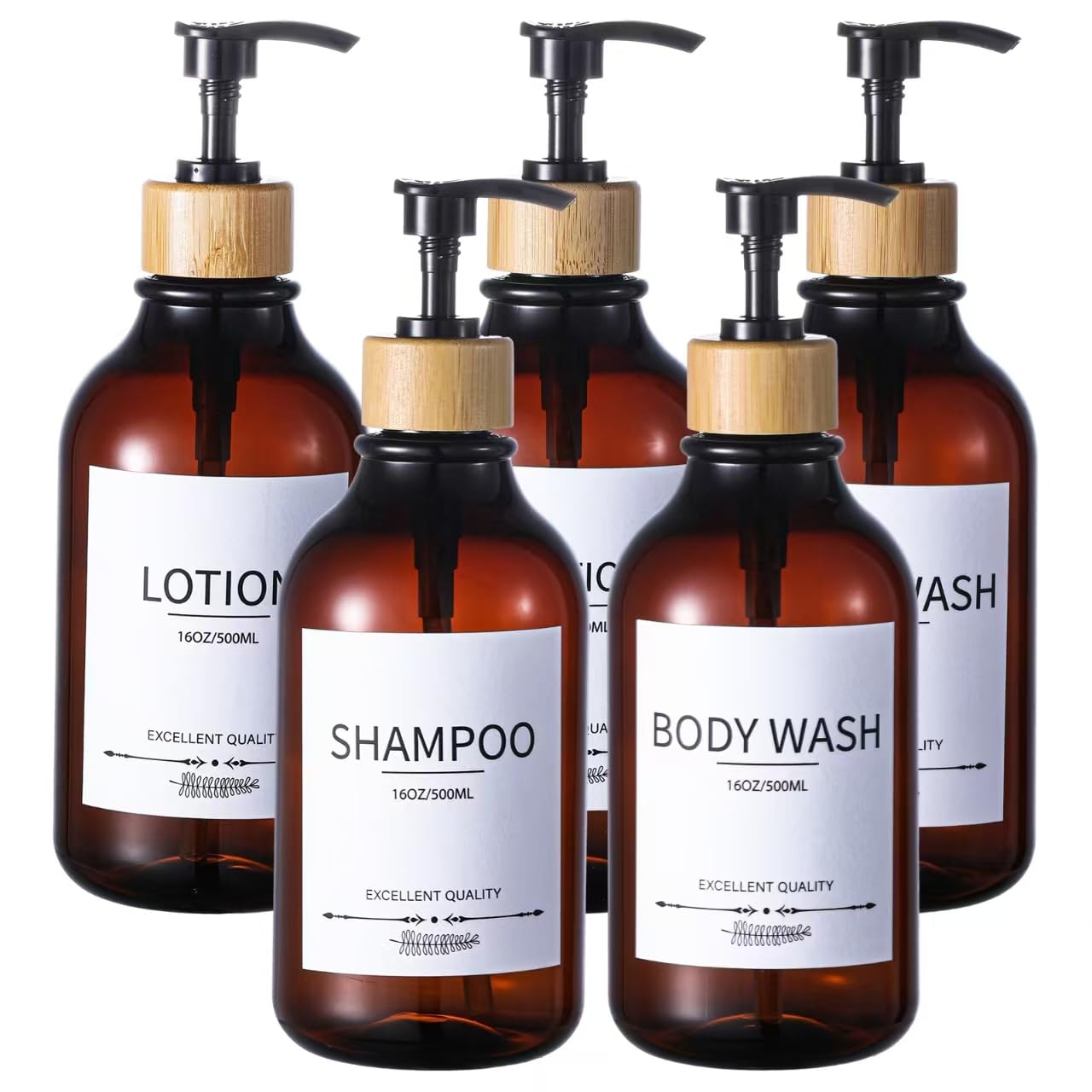 5-Pack Refillable Shampoo & Conditioner Dispenser Set - 16.9oz Amber Pump Bottles for Shower, Travel & Gym - Leakproof Bathroom Organizer for Hair Care Products
