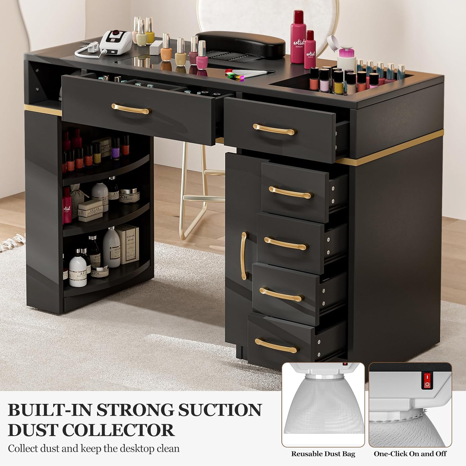 Professional Manicure Table Nail Station for Salon & Home Use - Glass Top Nail Tech Table with Electric Dust Collector, 7 Drawers & 3-Tier Shelves, Beauty Workstation with Wrist Cushion & Golden Handles (Black) - Perfect for Nail Artists, Home Salons & Professional Nail Technicians