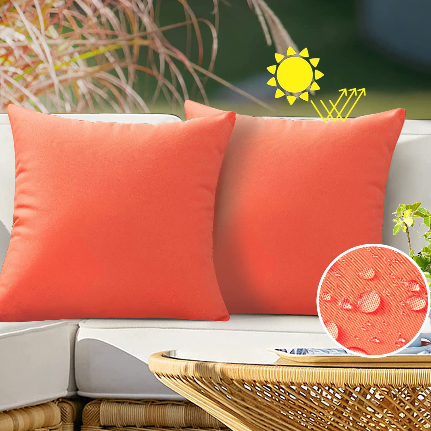 VAKADO Waterproof Outdoor Pillow Covers 16x16 Inches, Set of 2 - Decorative Orange Patio Furniture Cushion Cases for Garden, Porch, Bench & Couch - Weatherproof Outdoor Decor for All Seasons