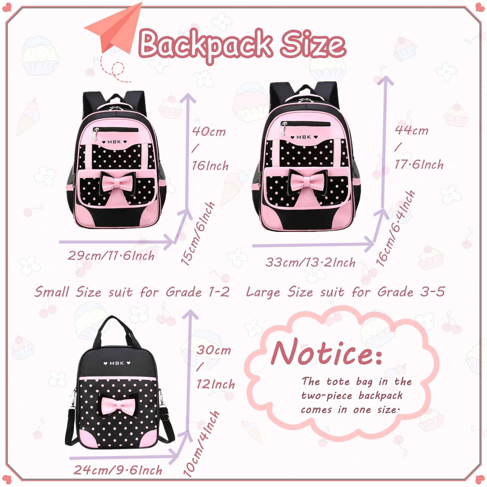 VIDOSCLA 2Pcs Kids School Backpack Set with Bowknot Wave Print - Lightweight Bookbag for Boys & Girls, Perfect for Elementary School, Travel, and Daily Use