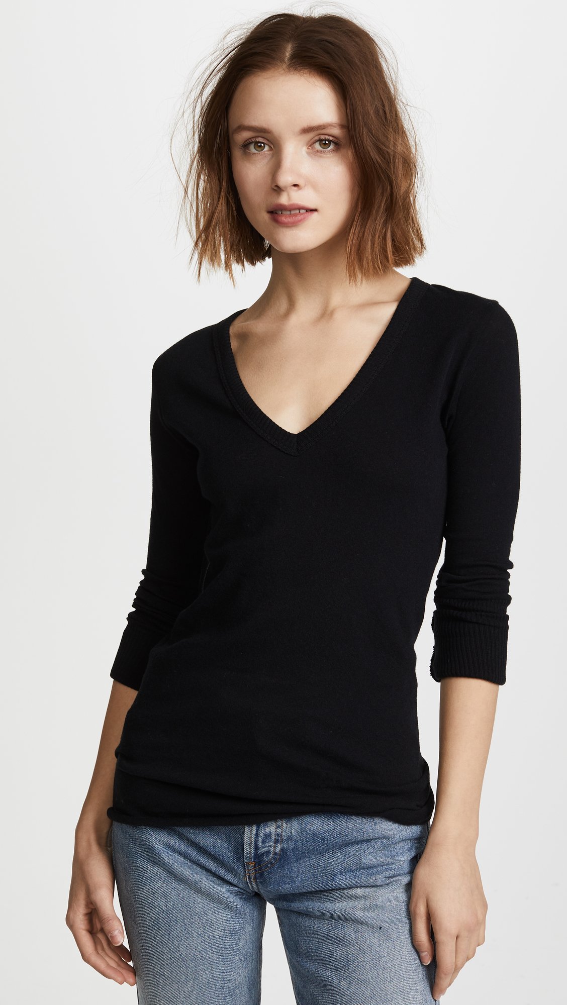 Enza Costa Women's Soft Cashmere Blend Long Sleeve V-Neck Top with Thumbholes & Cuffed Sleeves - Perfect for Work, Travel & Casual Outfits